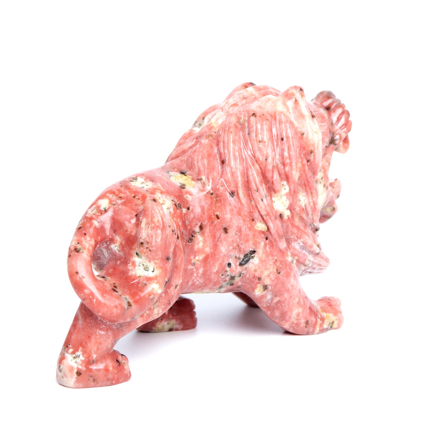 6" Peach Blossom Jasper Carved Lion Figurine Realistic Crystal Healing Quartz Decor