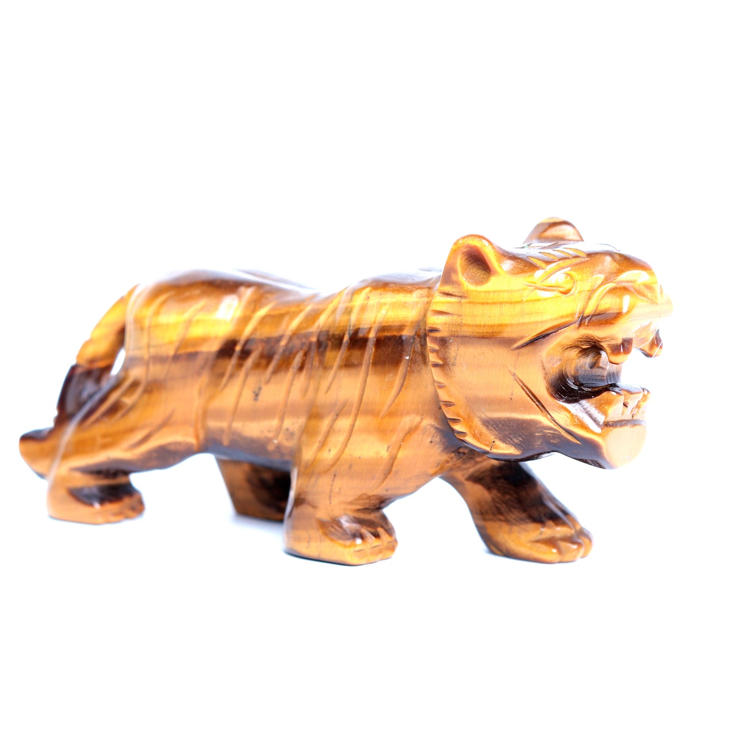 4" Tigers Eyes Stone Carved Tiger Figurine Realistic Crystal Healing Quartz Decor