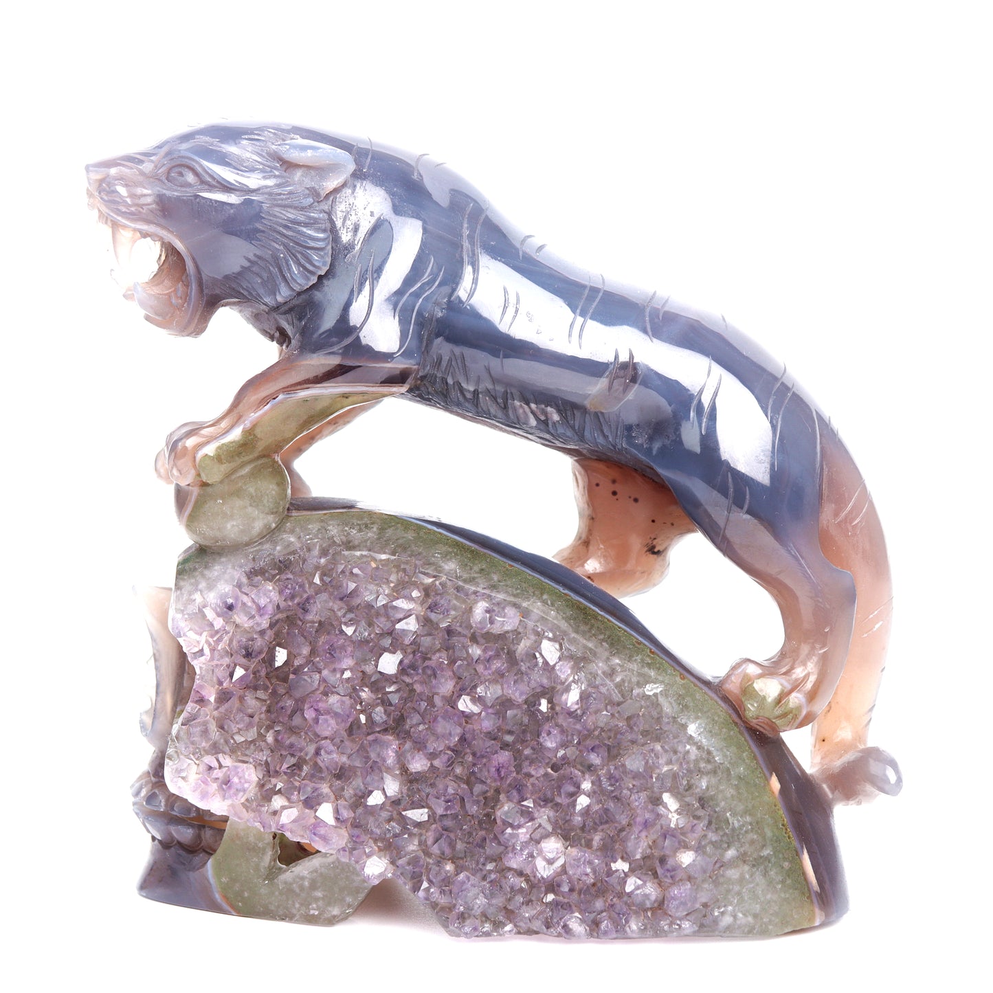 Masterpiece: 5.5" Amethyst Agate Carved Crystal Skull Leopard Sculpture Quartz Healing