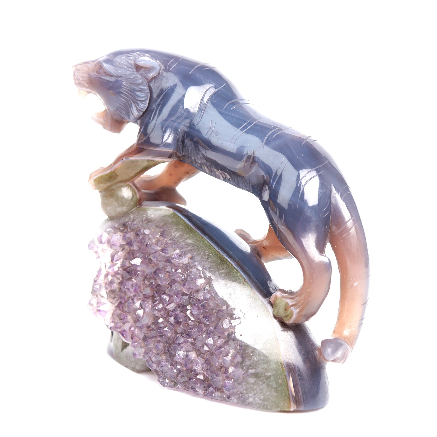 Masterpiece: 5.5" Amethyst Agate Carved Crystal Skull Leopard Sculpture Quartz Healing