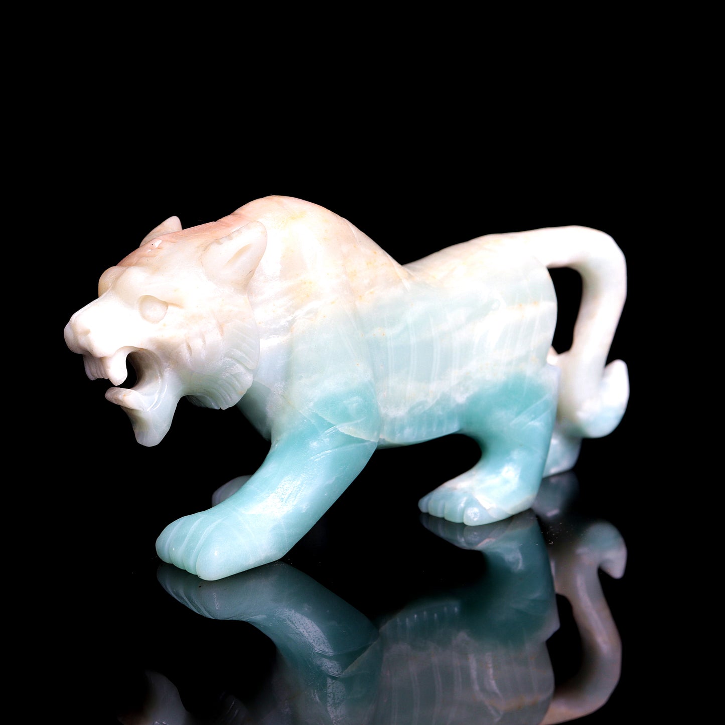 5.5" Amazonite Carved Tiger Figurine Realistic Crystal Healing Quartz Decor