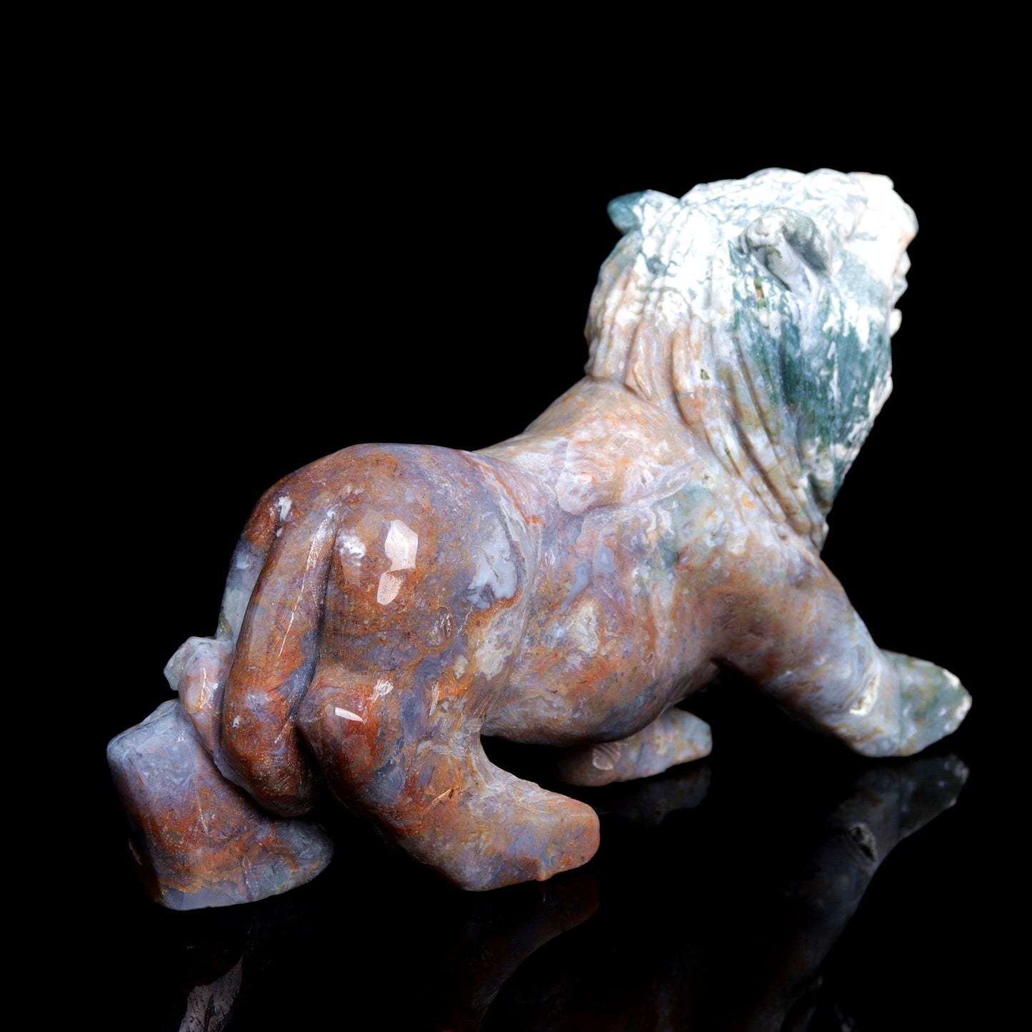 7.5" Moss Agate Carved Lion Figurine Realistic Crystal Healing Quartz Decor