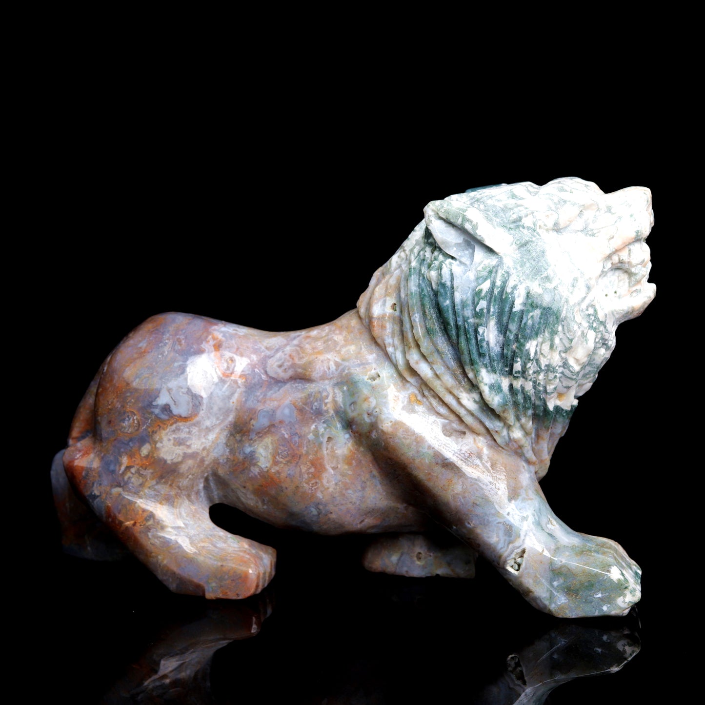 7.5" Moss Agate Carved Lion Figurine Realistic Crystal Healing Quartz Decor