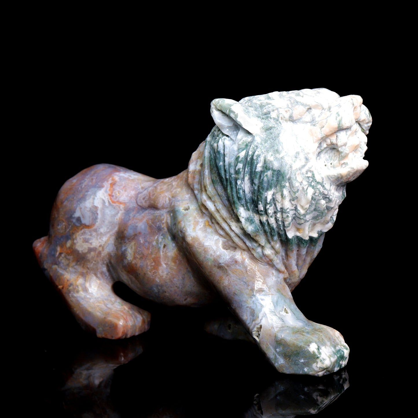 7.5" Moss Agate Carved Lion Figurine Realistic Crystal Healing Quartz Decor