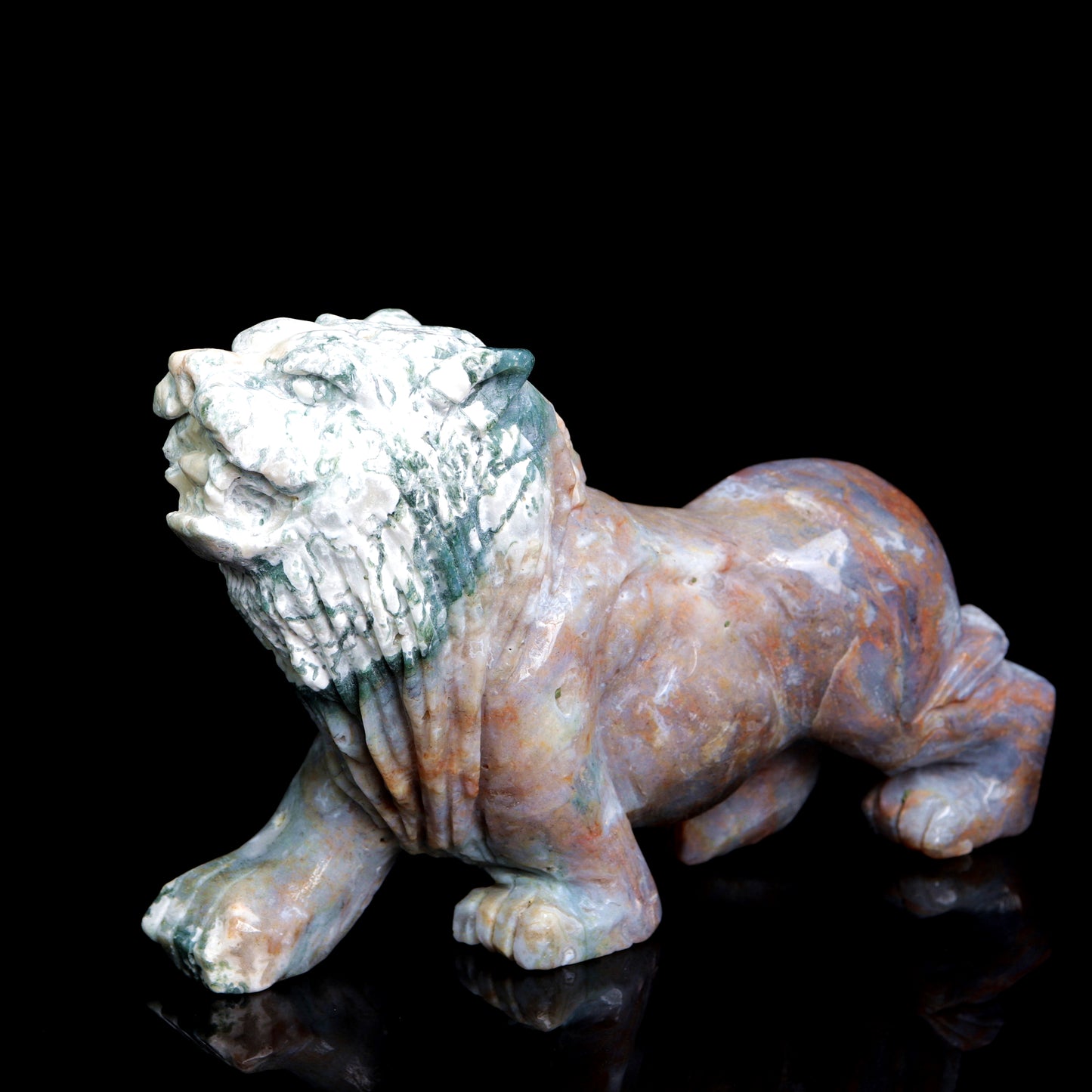 7.5" Moss Agate Carved Lion Figurine Realistic Crystal Healing Quartz Decor