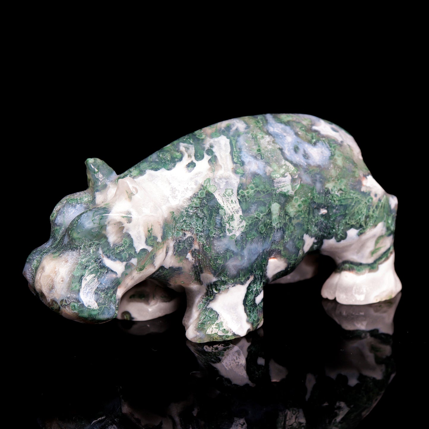 5" Moss Agate Carved Hippo Figurine Realistic Crystal Healing Quartz Decor