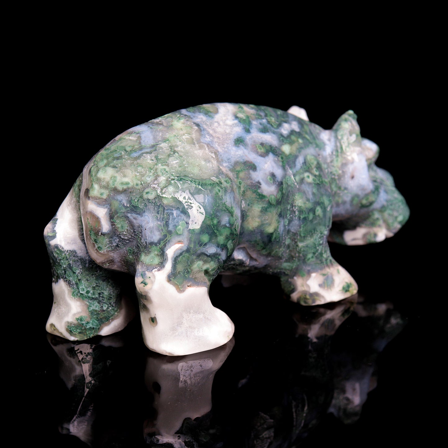 5" Moss Agate Carved Hippo Figurine Realistic Crystal Healing Quartz Decor