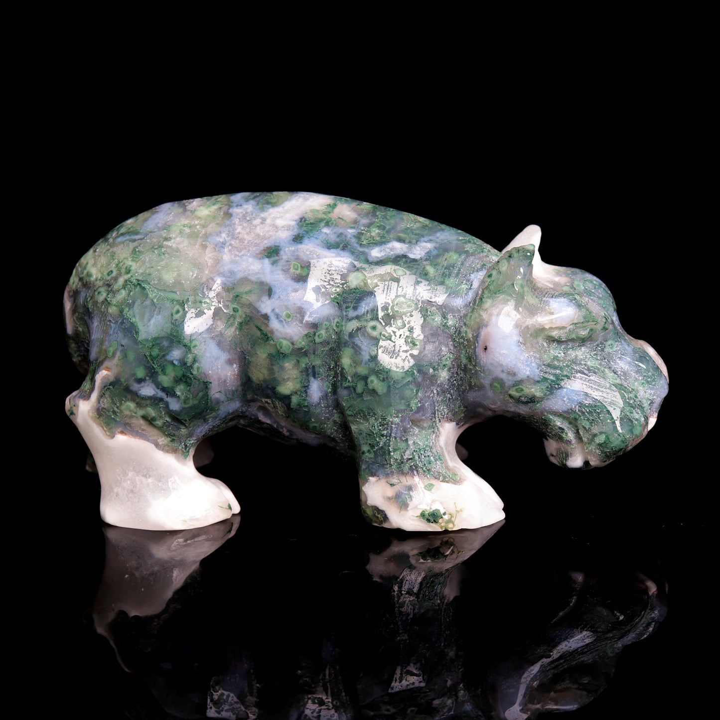 5" Moss Agate Carved Hippo Figurine Realistic Crystal Healing Quartz Decor