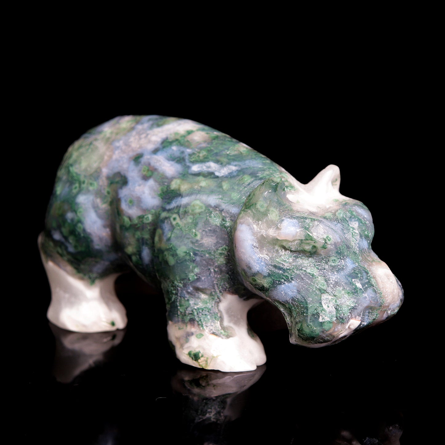 5" Moss Agate Carved Hippo Figurine Realistic Crystal Healing Quartz Decor