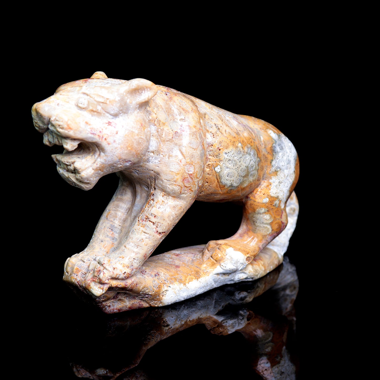 7" Coral Jade Carved Tiger Sculpture Realistic Crystal Healing Quartz Decor