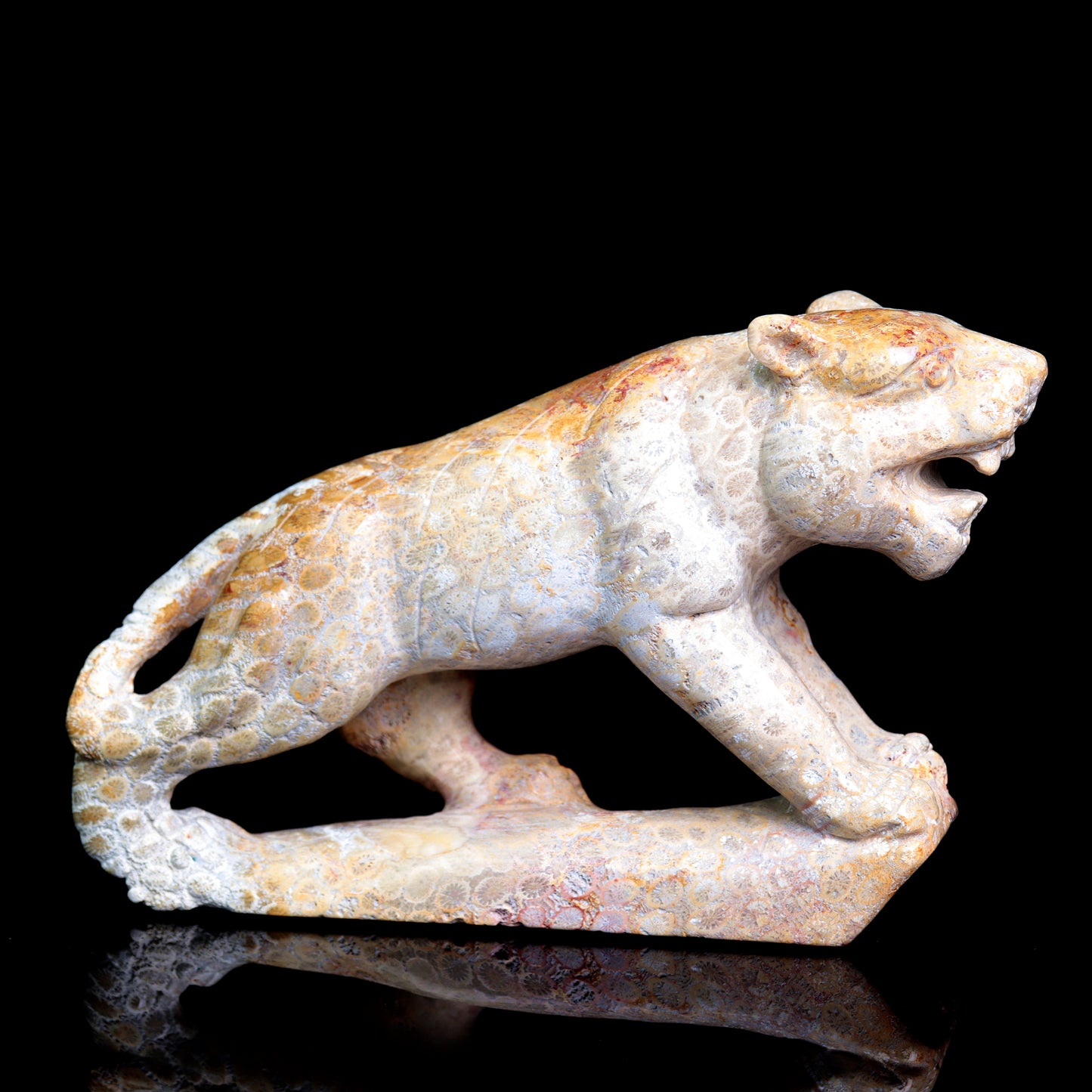 7" Coral Jade Carved Tiger Sculpture Realistic Crystal Healing Quartz Decor