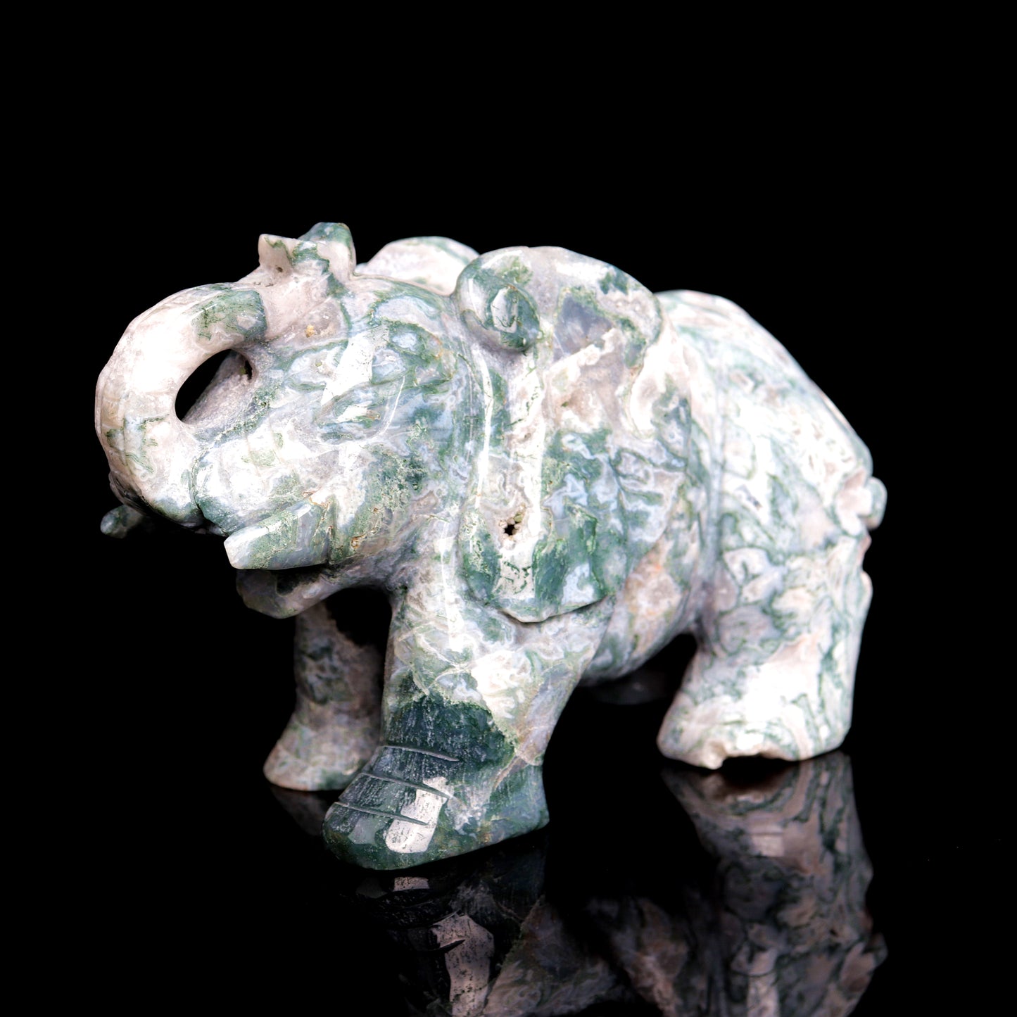 5.5" Moss Agate Carved Elephant Figurine Realistic Crystal Healing Quartz Decor