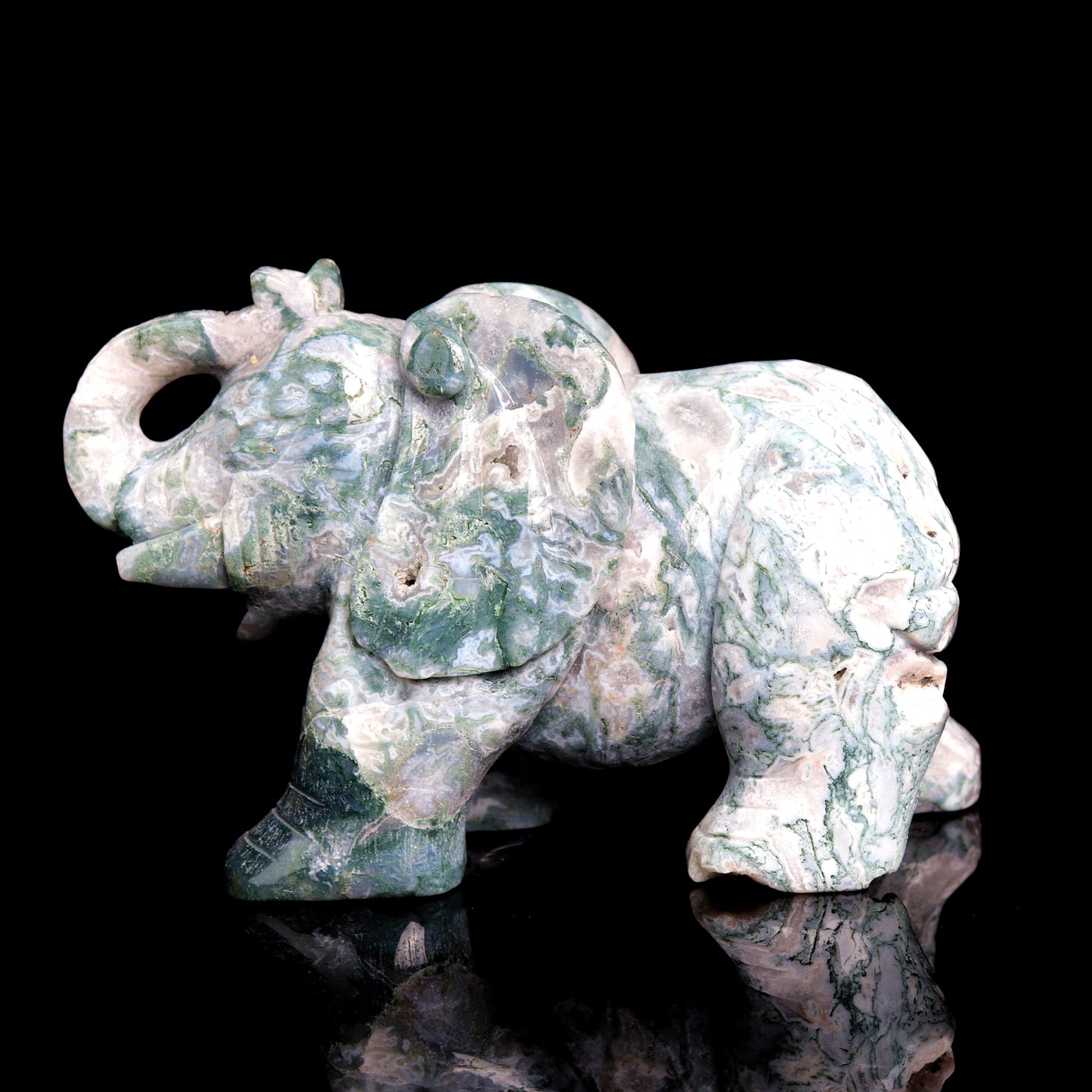 5.5" Moss Agate Carved Elephant Figurine Realistic Crystal Healing Quartz Decor