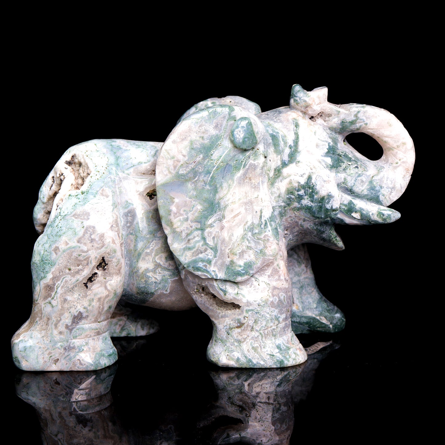 5.5" Moss Agate Carved Elephant Figurine Realistic Crystal Healing Quartz Decor