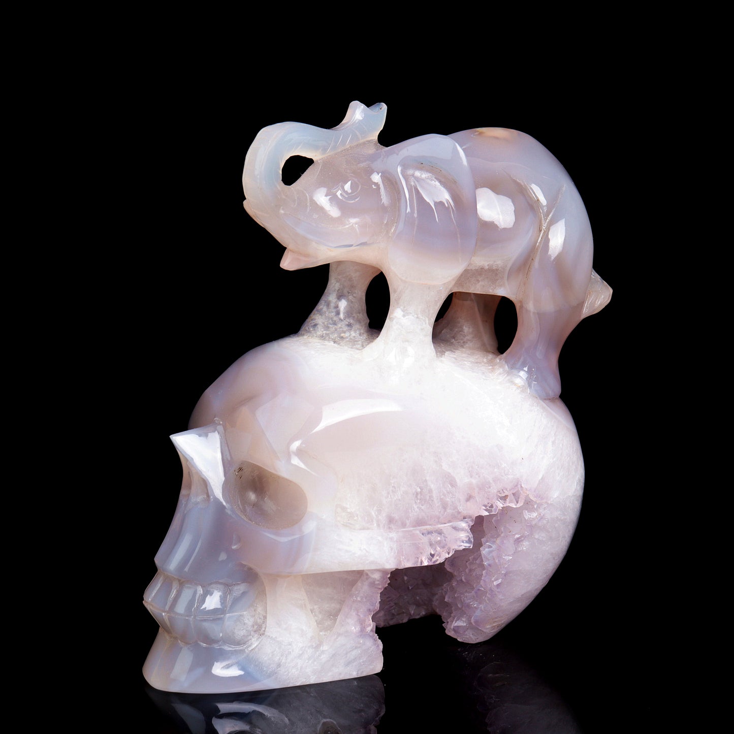 6" Druzy Agate Carved Crystal Skull Elephant Figurine Quartz Arts