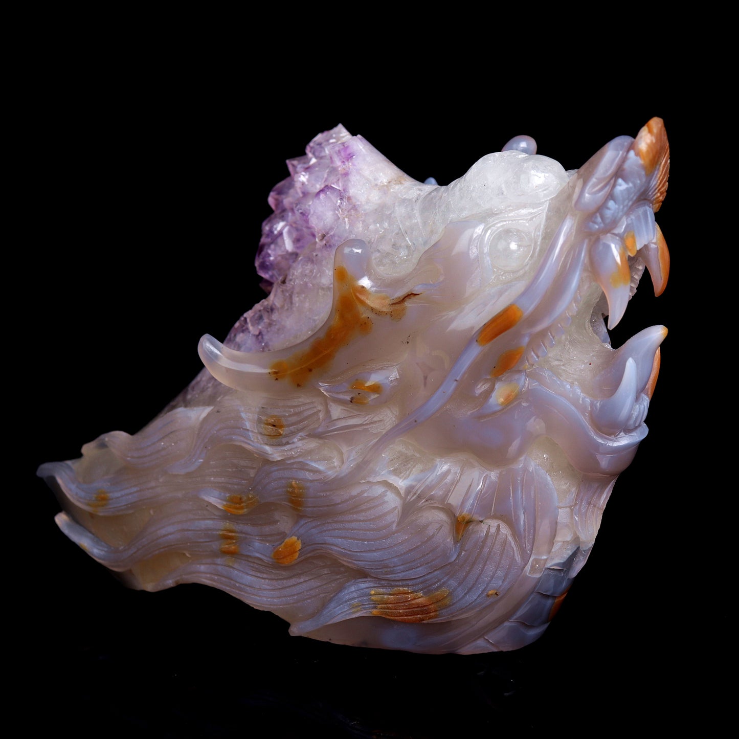 Masterpiece: 7" Amethyst Agate Carved Dragon Head Sculpture Art Collection