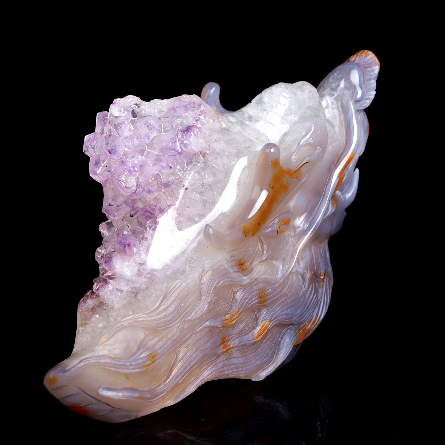Masterpiece: 7" Amethyst Agate Carved Dragon Head Sculpture Art Collection