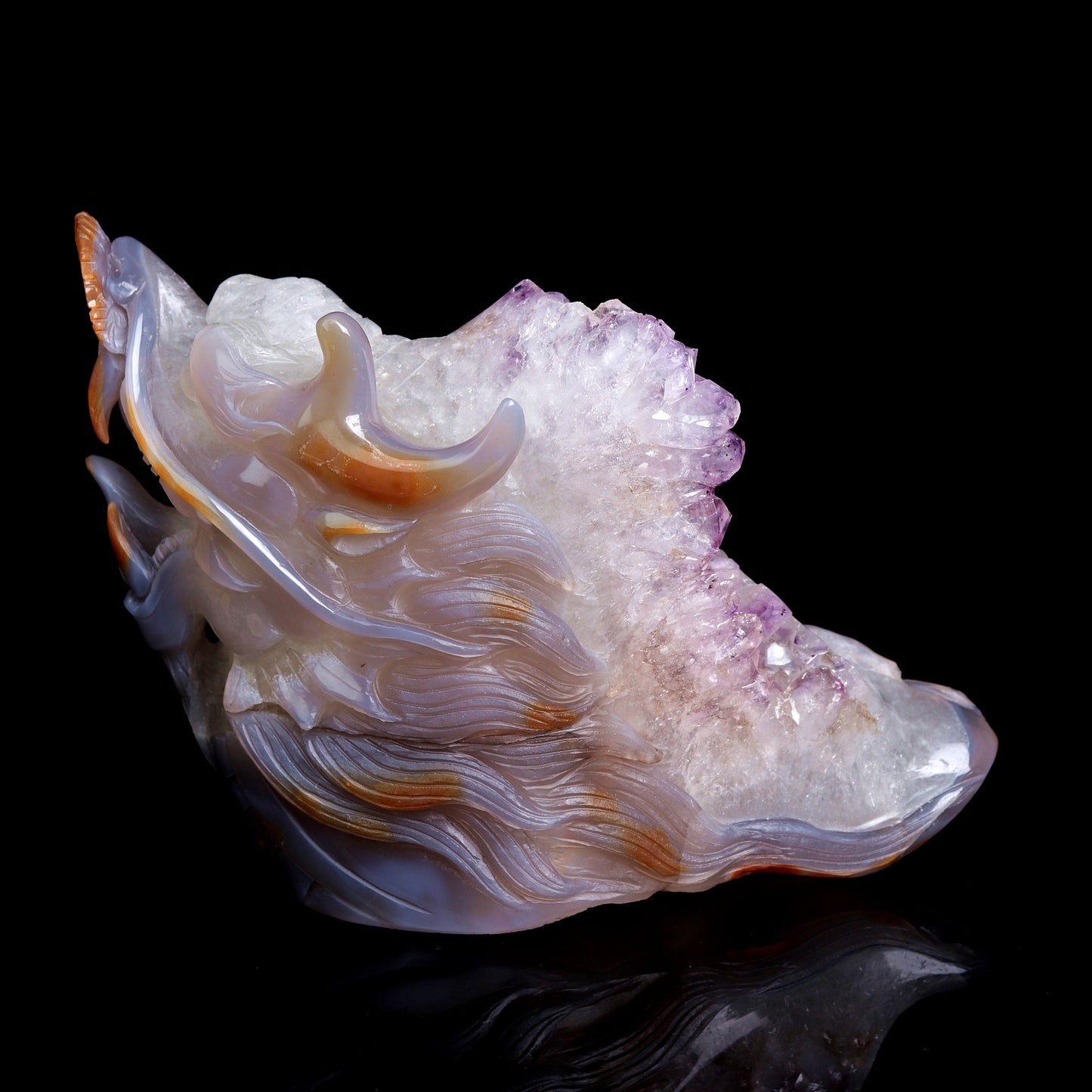 Masterpiece: 7" Amethyst Agate Carved Dragon Head Sculpture Art Collection
