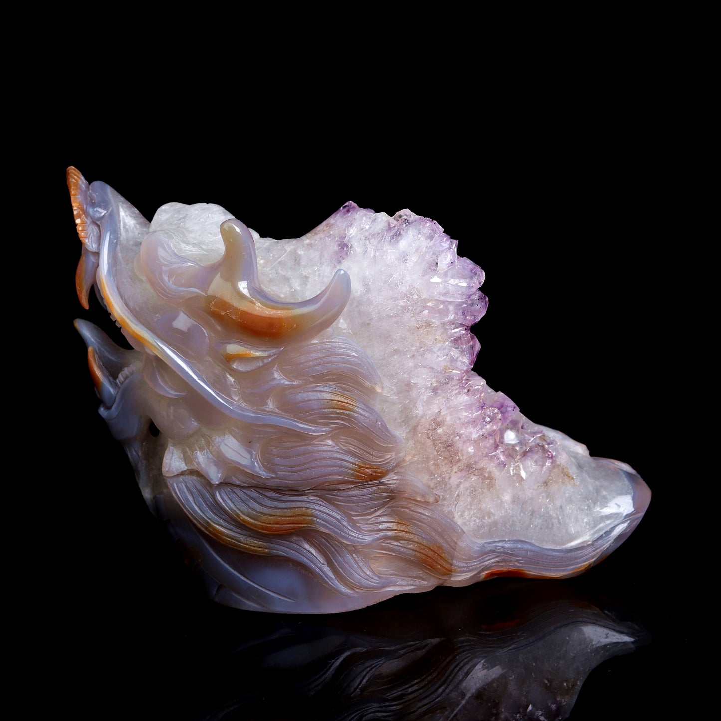 Masterpiece: 7" Amethyst Agate Carved Dragon Head Sculpture Art Collection