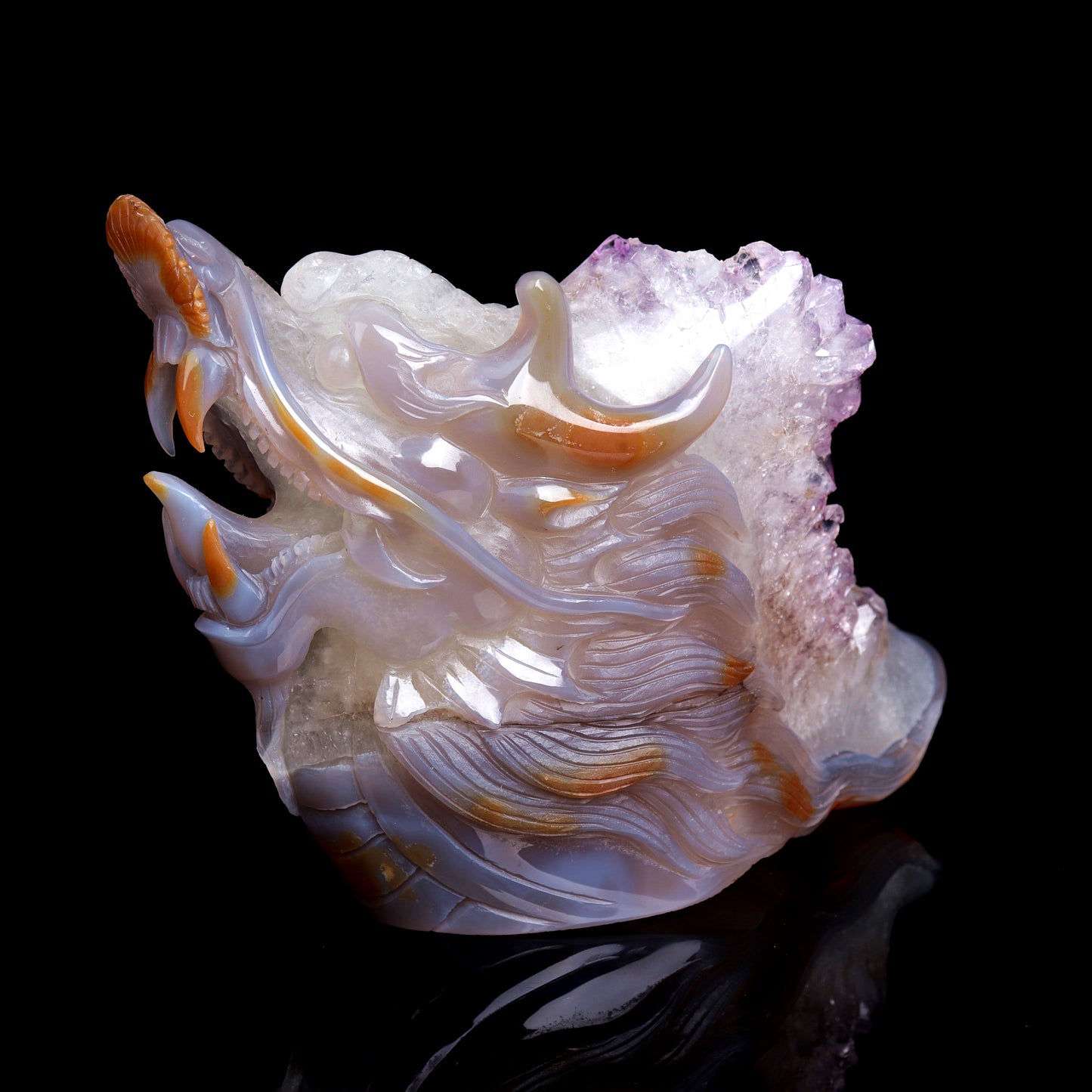 Masterpiece: 7" Amethyst Agate Carved Dragon Head Sculpture Art Collection