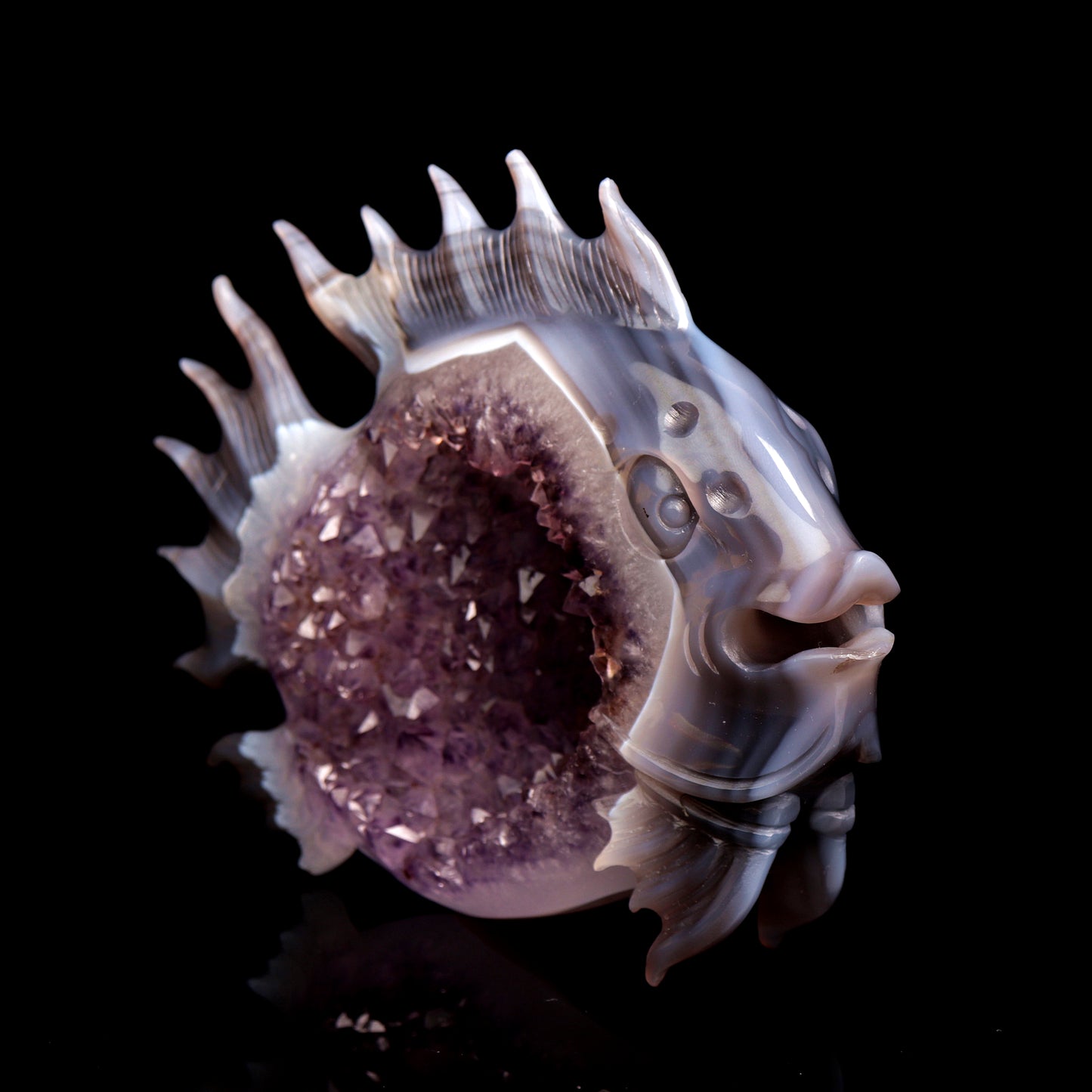 Masterpiece: 8" Amethyst Agate Carved Crystal Fish Sculpture Art Collection