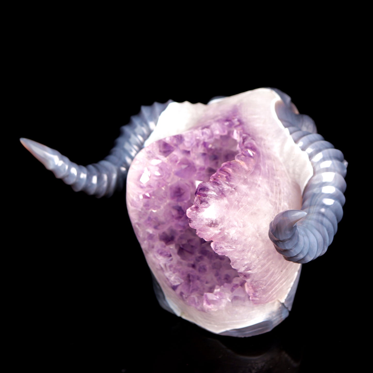 Masterpiece: Amazing 6.8LB Amethyst Geode Agate Carved Goat Ram Head Sculpture