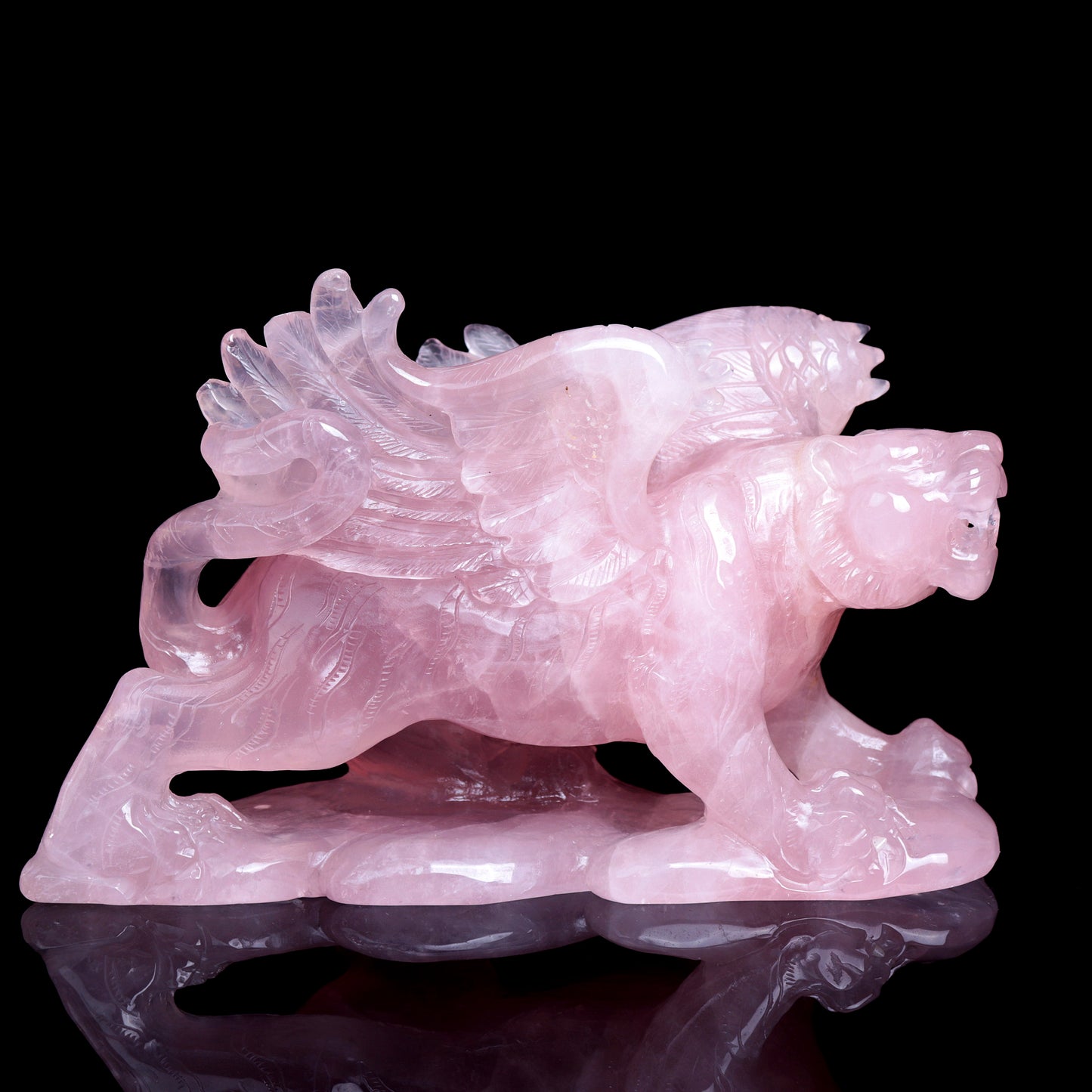 8.6" Rose Quartz Carved Flying Tiger Sculpture Realistic Crystal Healing Quartz Decor