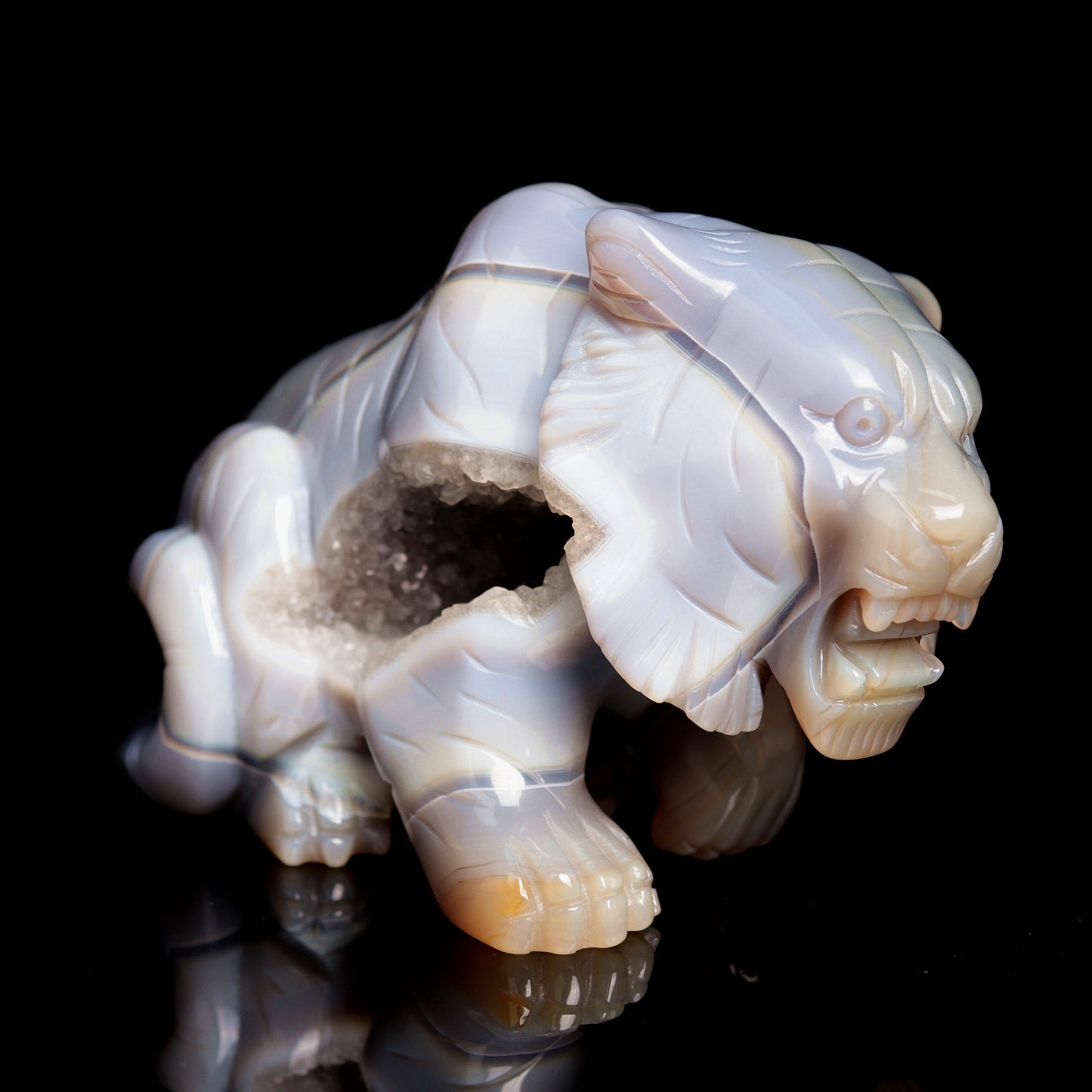 5.5" Druzy Agate Carved Crystal Tiger Figurine Realistic Healing Quartz Decor