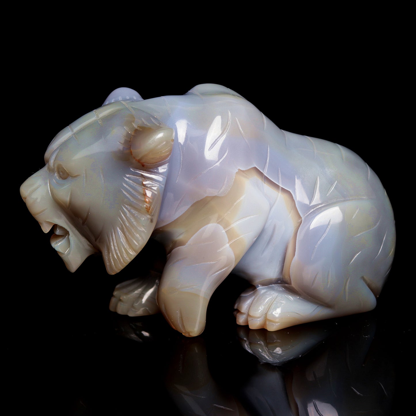 5.5" Druzy Agate Carved Crystal Tiger Figurine Realistic Healing Quartz Decor