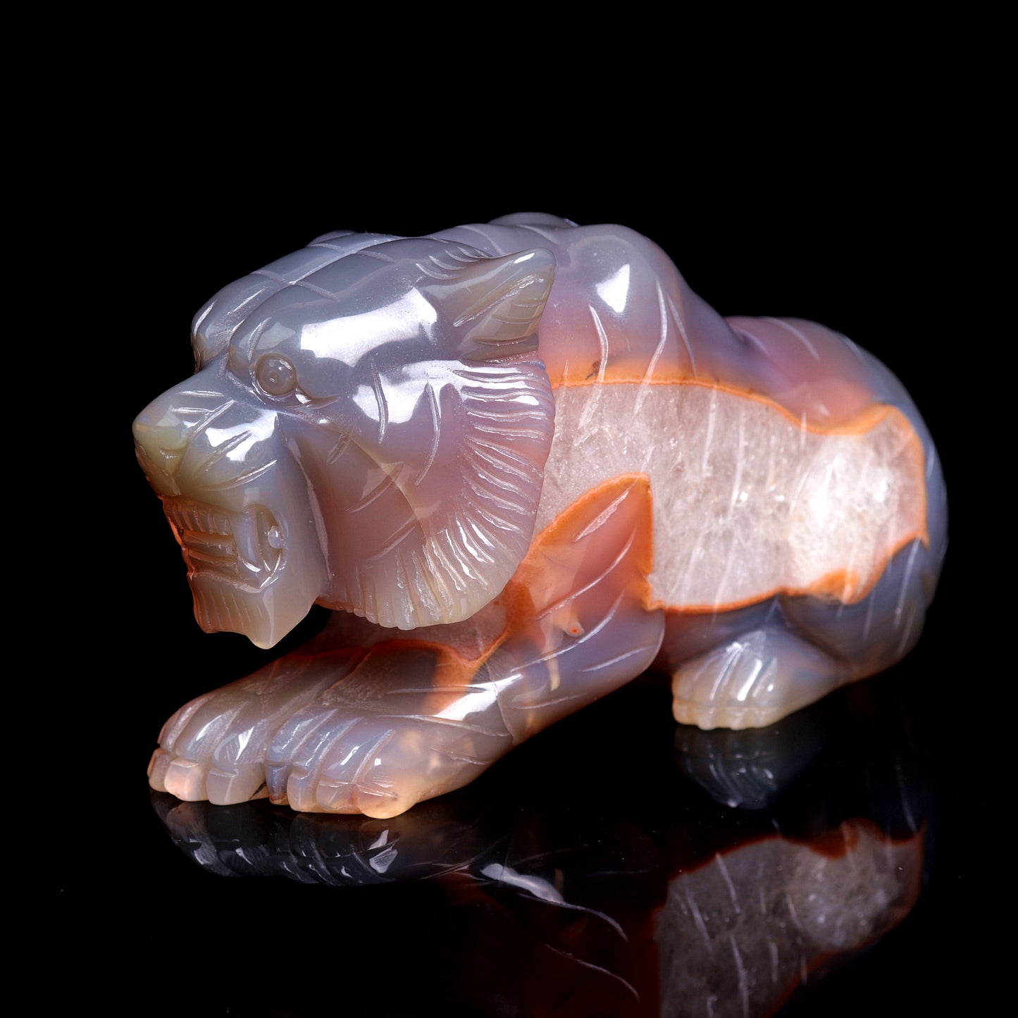 6.1" Druzy Agate Carved Crystal Tiger Figurine Realistic Healing Quartz Decor
