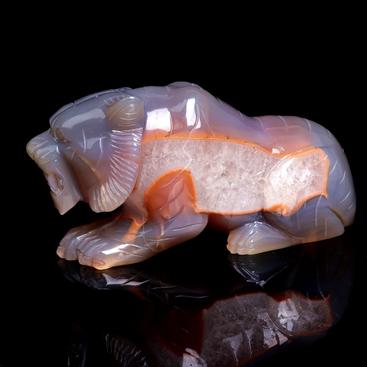 6.1" Druzy Agate Carved Crystal Tiger Figurine Realistic Healing Quartz Decor