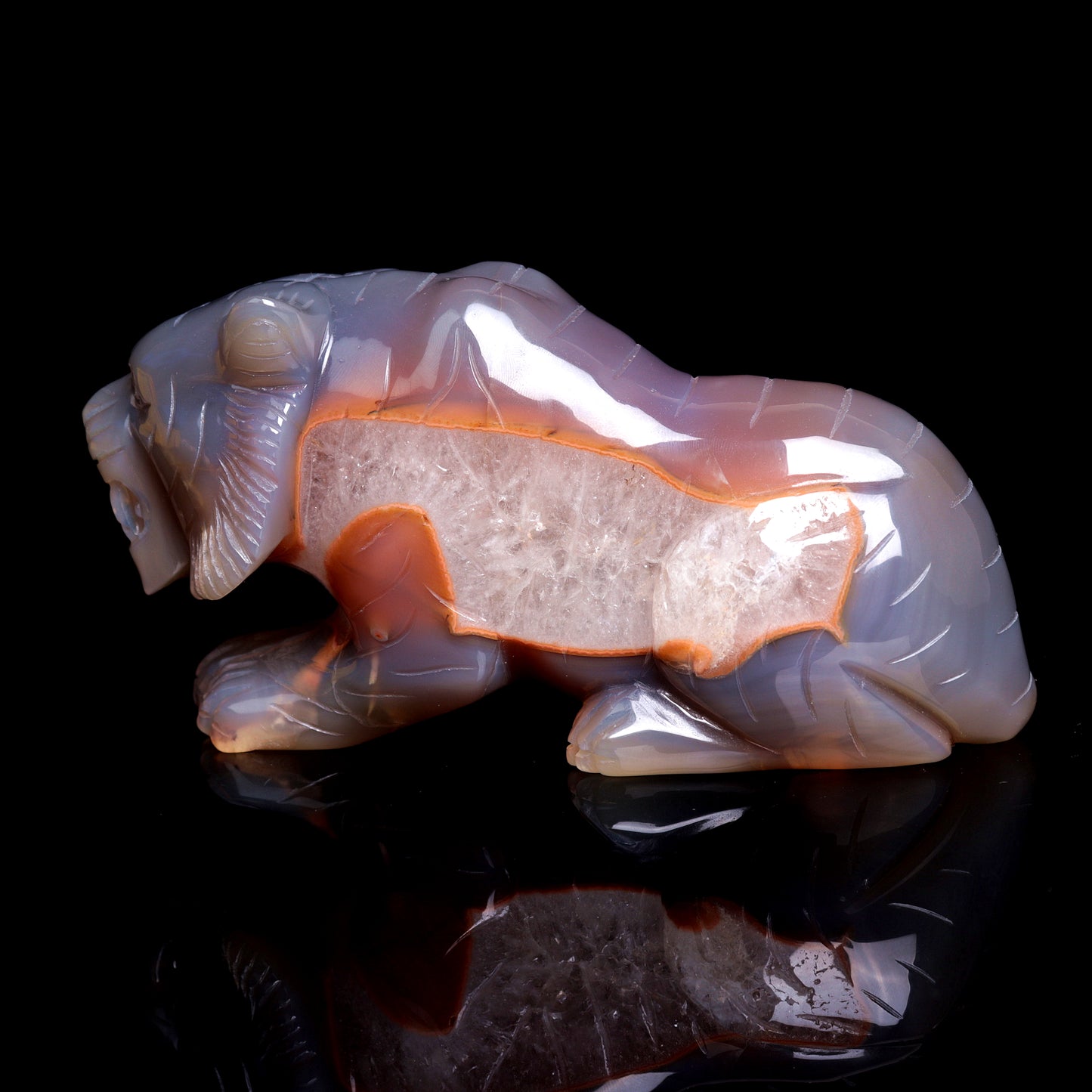 6.1" Druzy Agate Carved Crystal Tiger Figurine Realistic Healing Quartz Decor