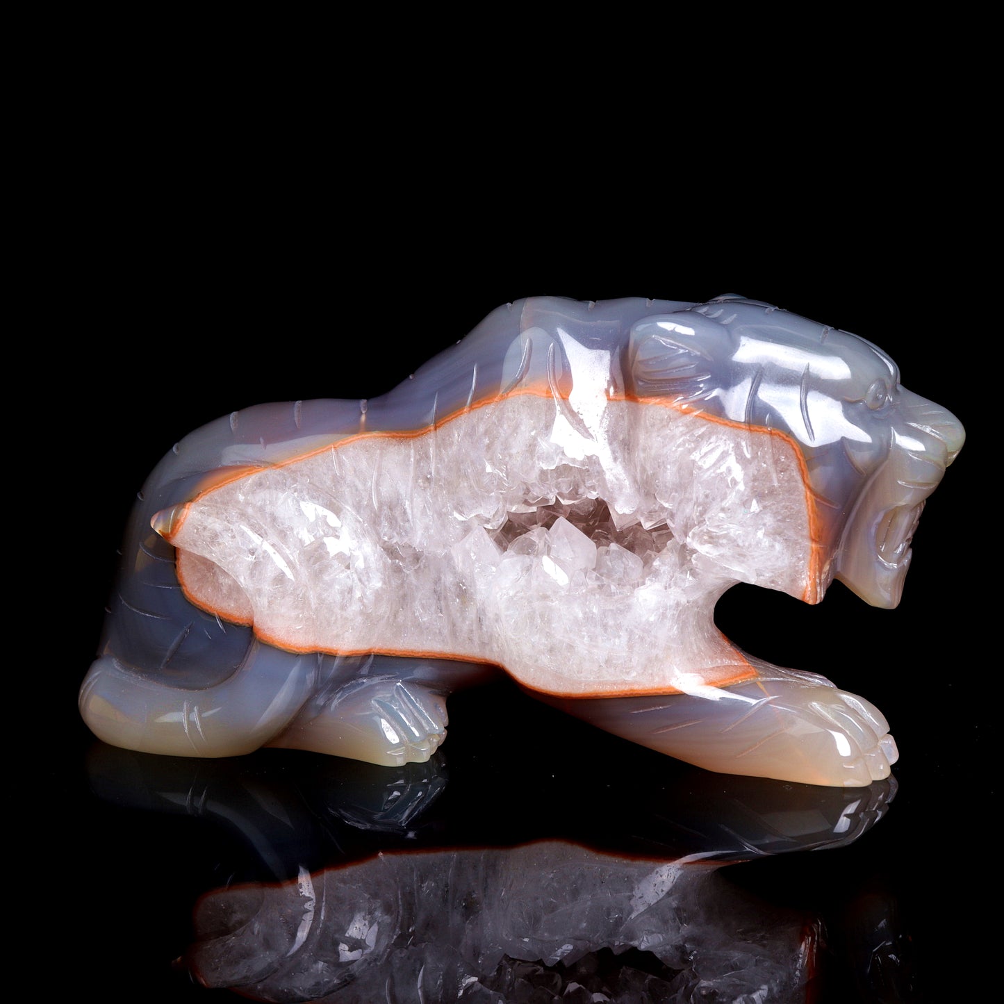 6.1" Druzy Agate Carved Crystal Tiger Figurine Realistic Healing Quartz Decor