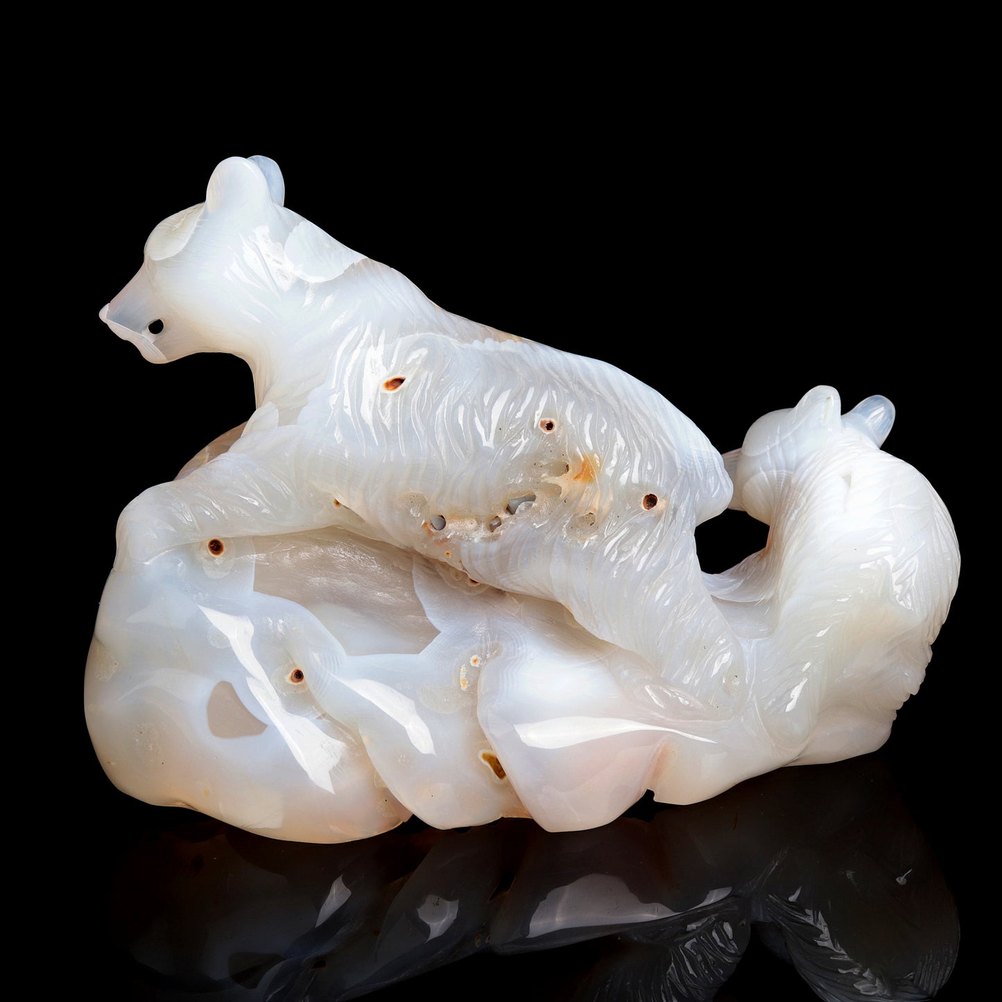 7" Madagascar Agate Carved Crystal Bear Family Sculpture Realistic Healing Quartz
