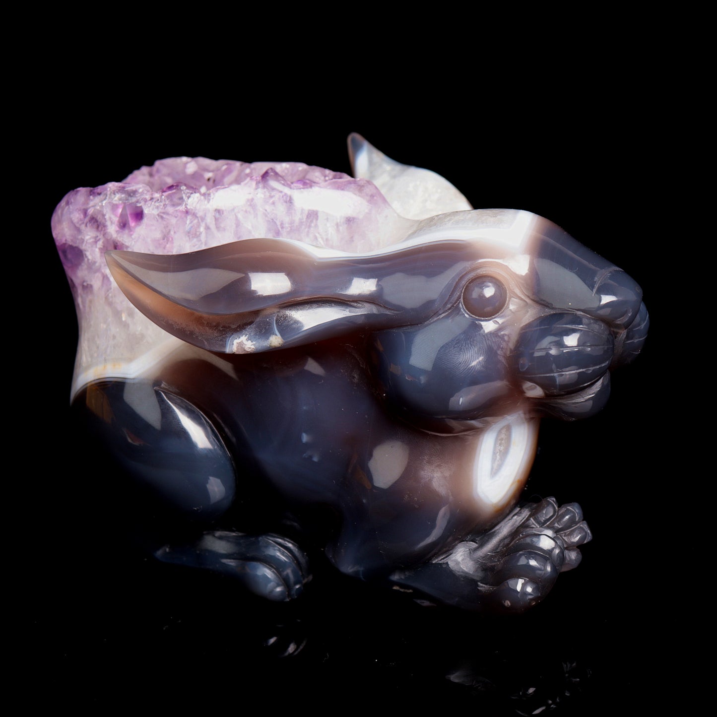 Masterpiece: Amazing 7" Amethyst Geode Agate Carved Crystal Bunny rabbit Sculpture