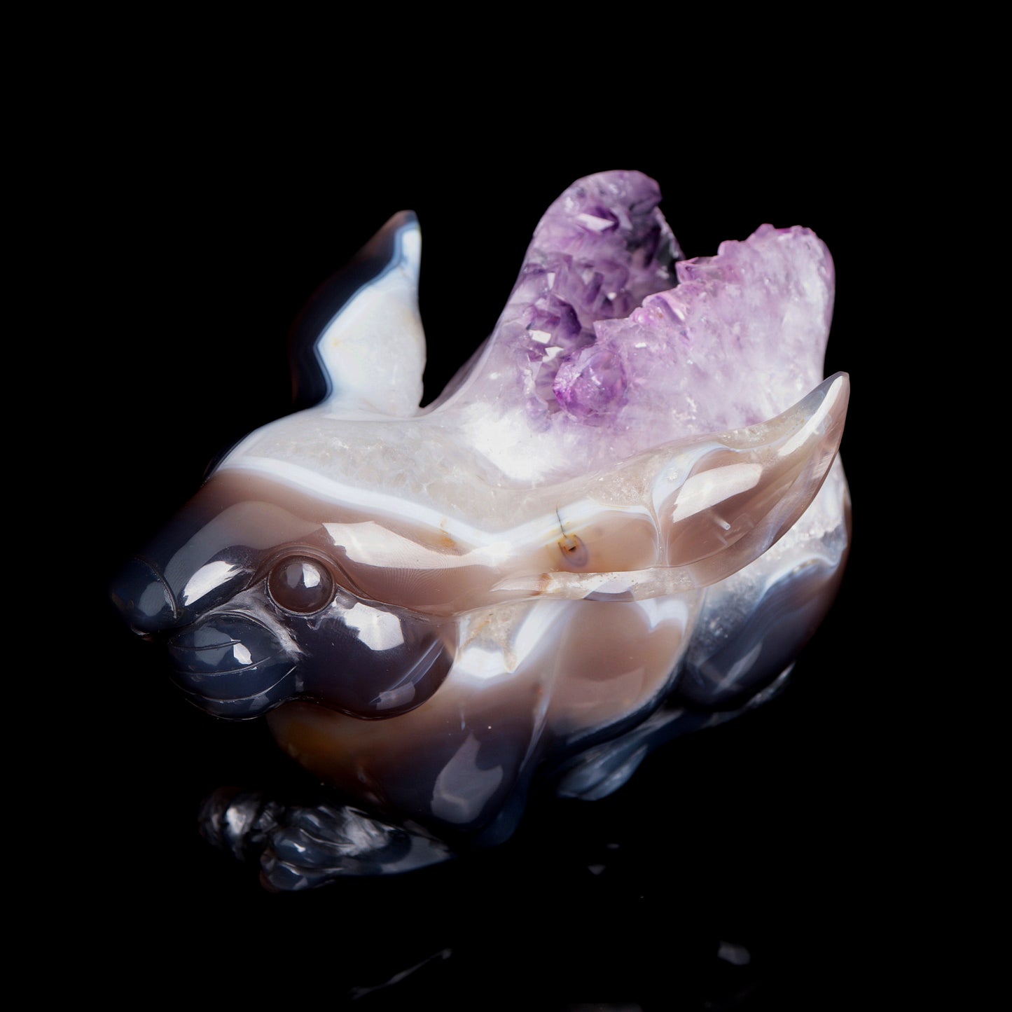 Masterpiece: Amazing 7" Amethyst Geode Agate Carved Crystal Bunny rabbit Sculpture