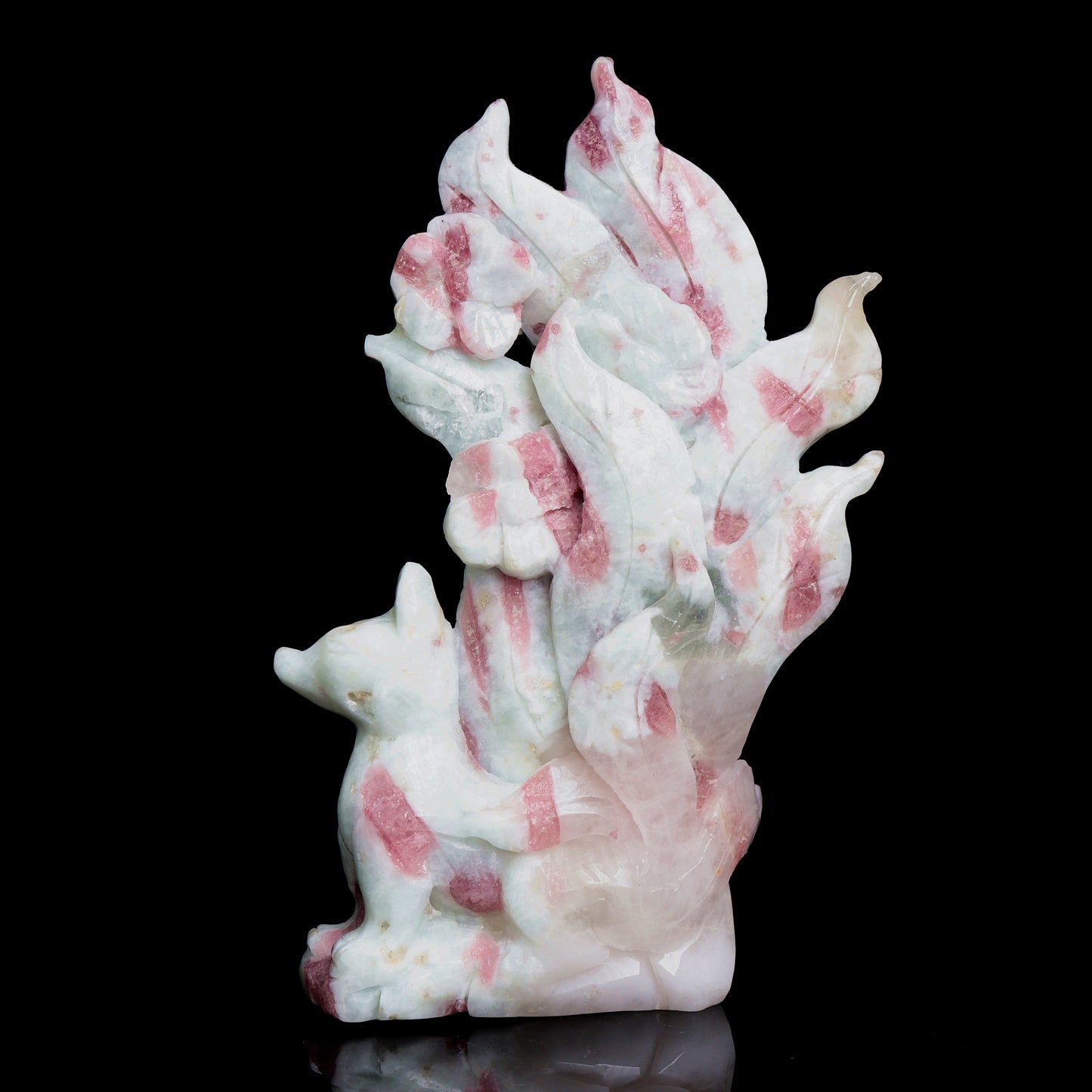 6" Pink Tourmaline Crystal Nine Tail Fox Figurine Realistic Decor