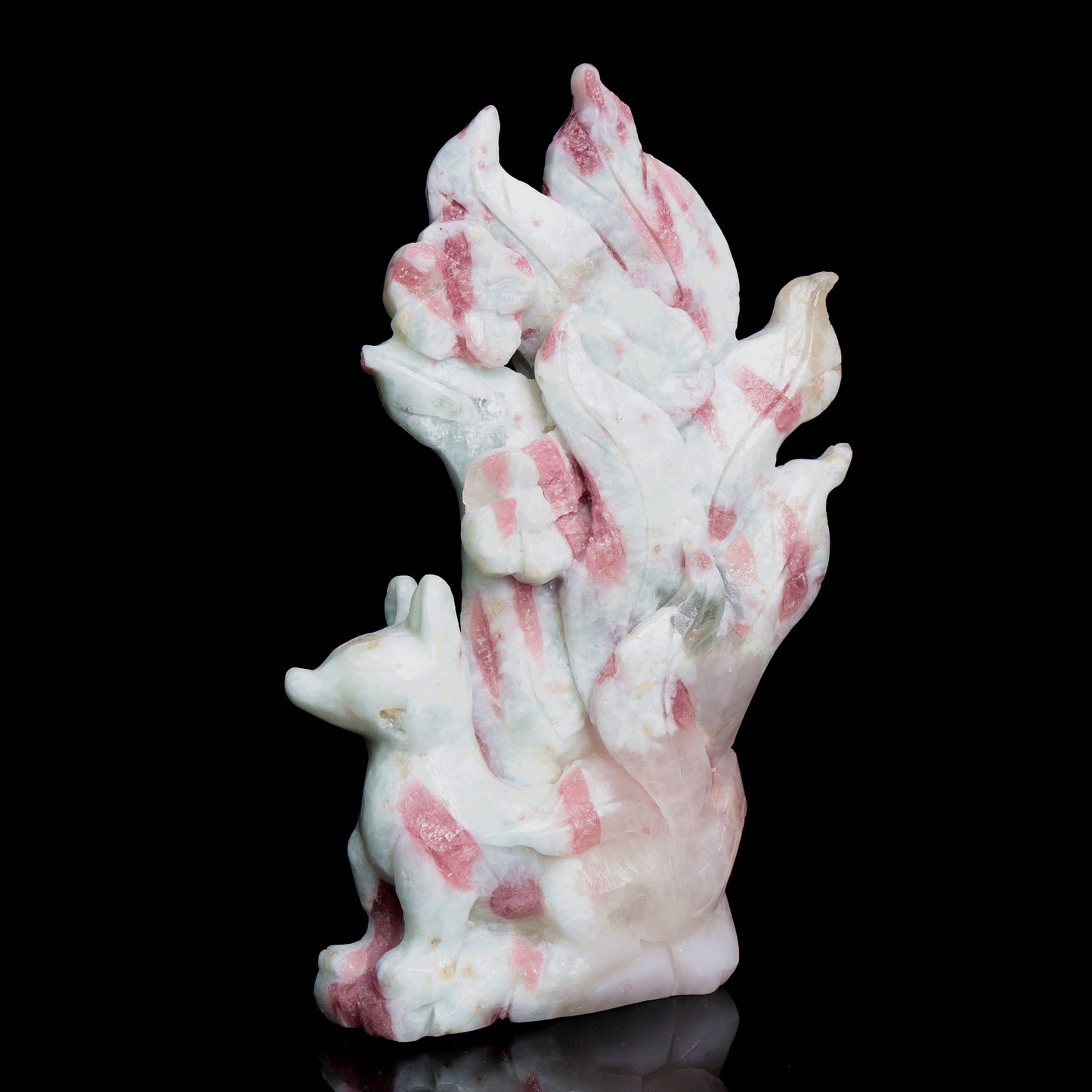 6" Pink Tourmaline Crystal Nine Tail Fox Figurine Realistic Decor