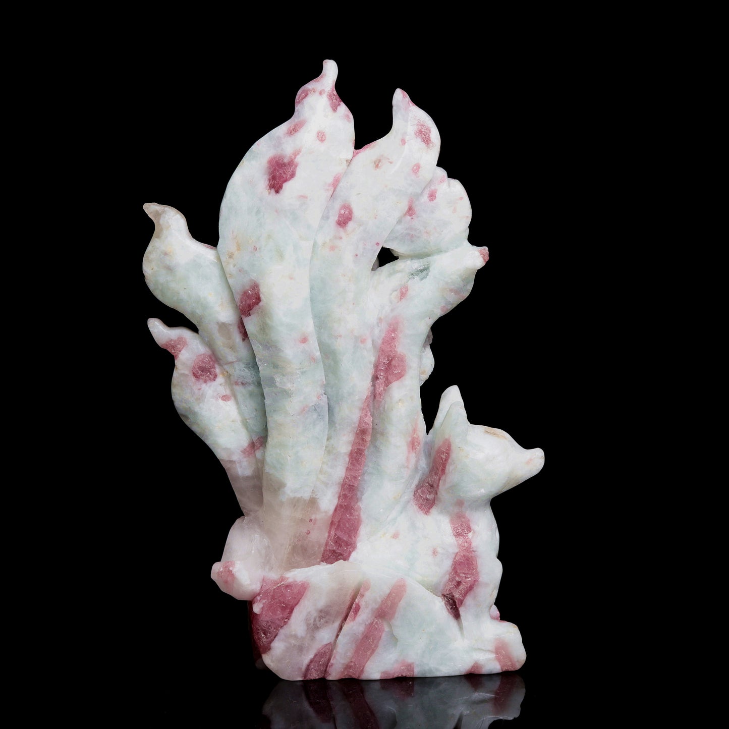 6" Pink Tourmaline Crystal Nine Tail Fox Figurine Realistic Decor