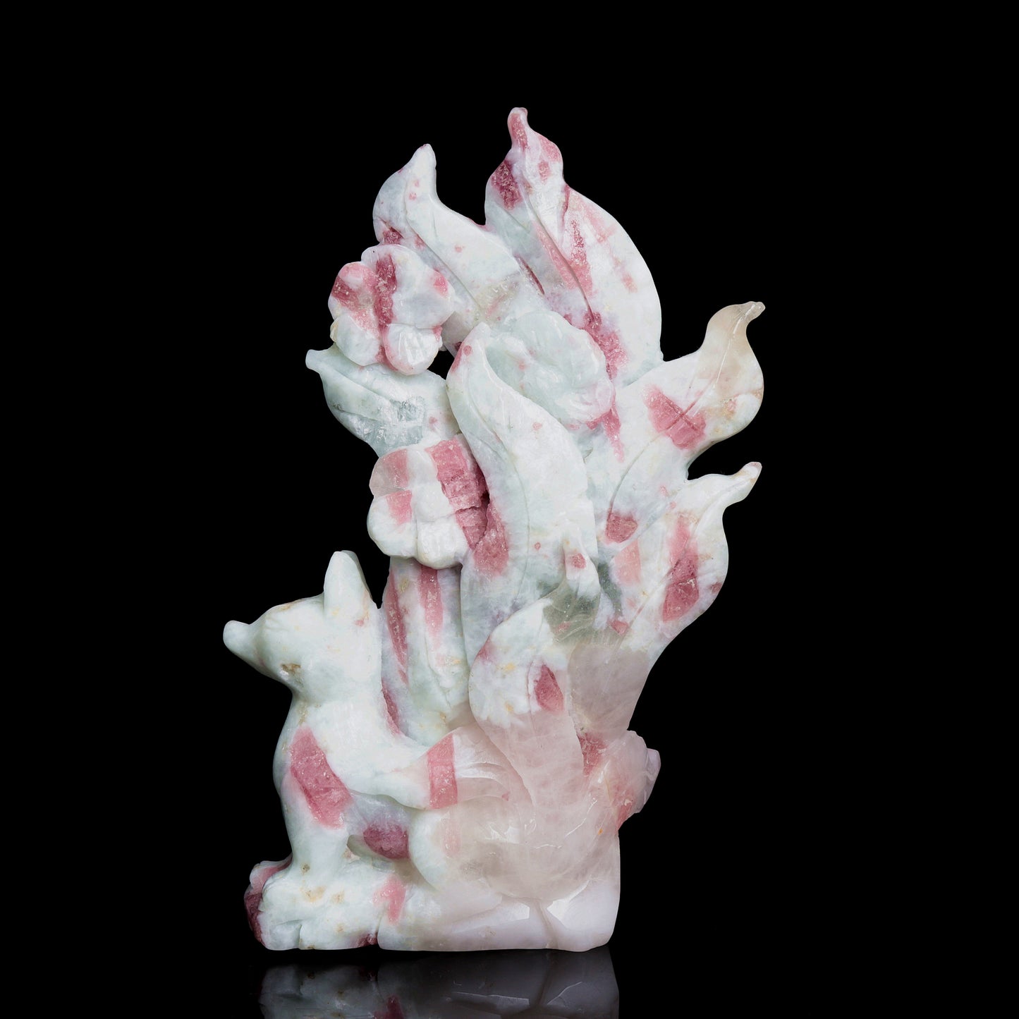 6" Pink Tourmaline Crystal Nine Tail Fox Figurine Realistic Decor