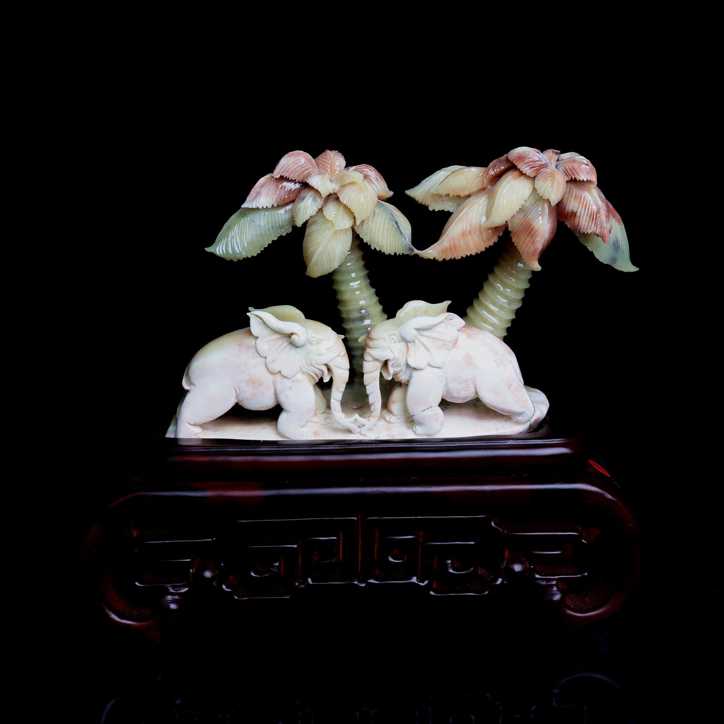 XiuYan Jade Carved Elephant Sculpture Palm Tree Realistic Crystal Healing