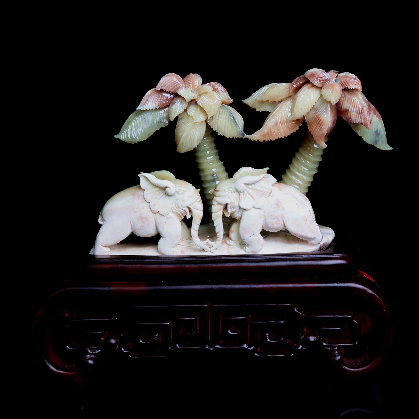 XiuYan Jade Carved Elephant Sculpture Palm Tree Realistic Crystal Healing