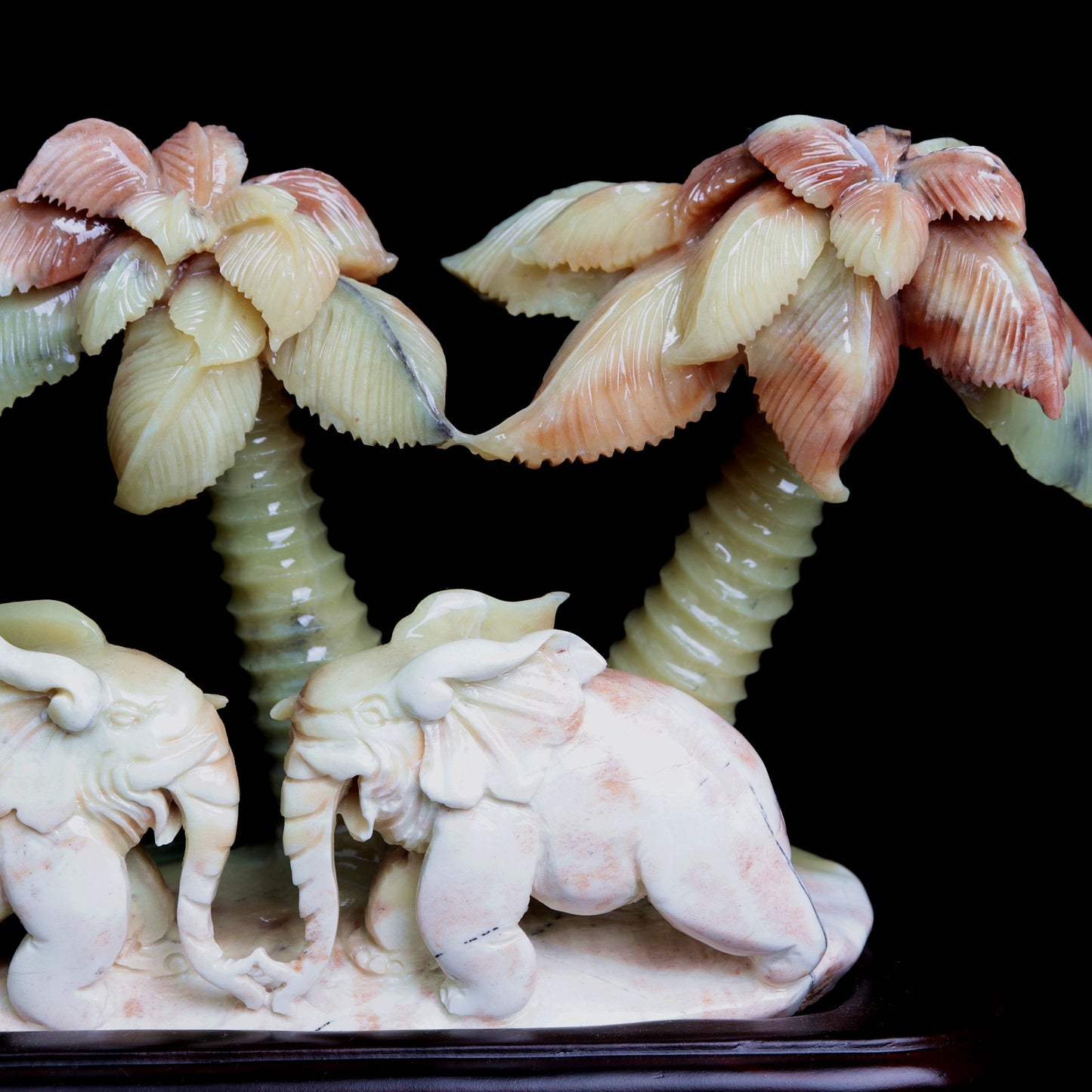 XiuYan Jade Carved Elephant Sculpture Palm Tree Realistic Crystal Healing