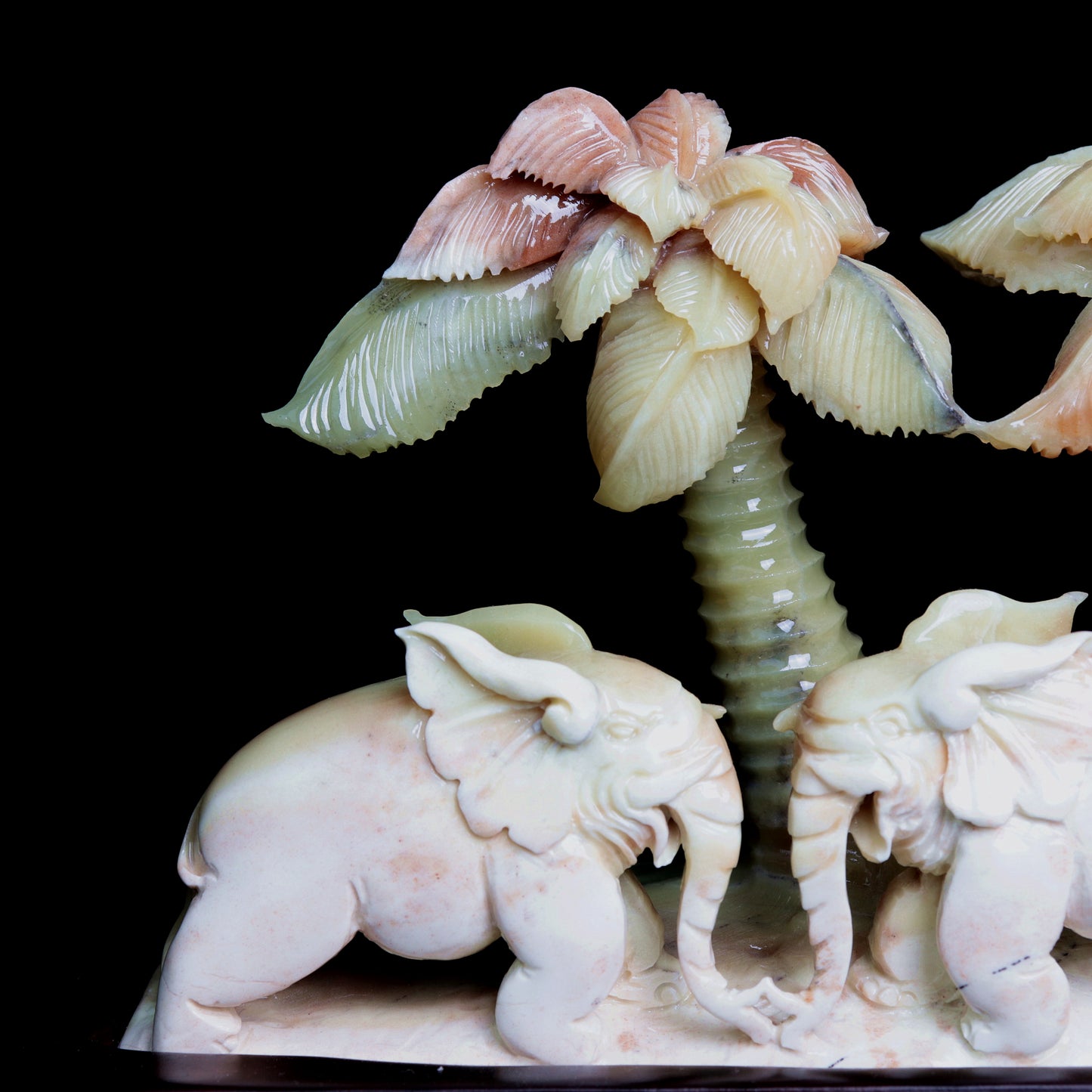 XiuYan Jade Carved Elephant Sculpture Palm Tree Realistic Crystal Healing