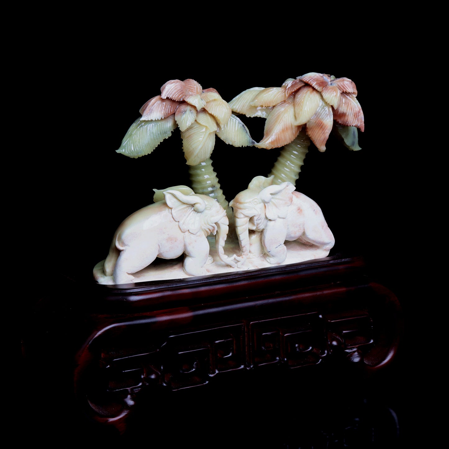 XiuYan Jade Carved Elephant Sculpture Palm Tree Realistic Crystal Healing