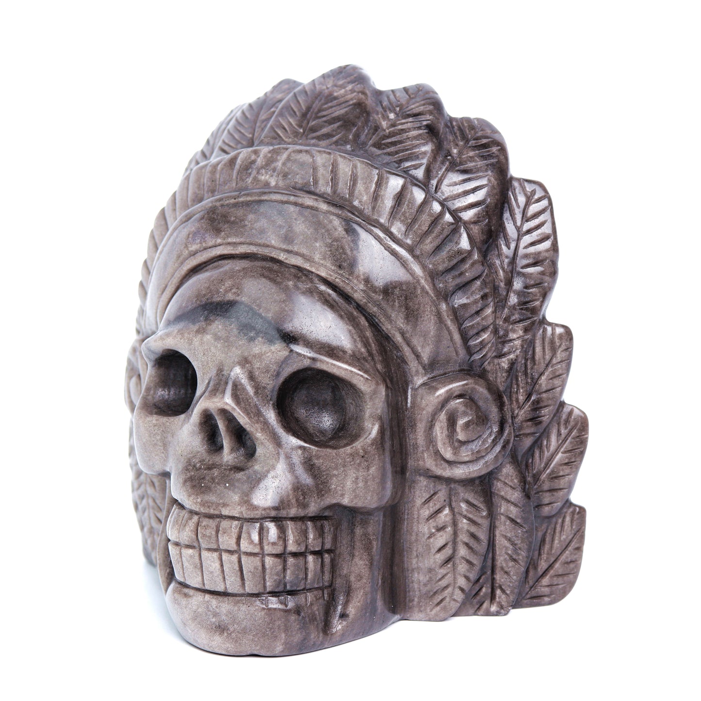 5" Silver Obsidian Carved Crystal Indian Skull Figurine Healing Quartz