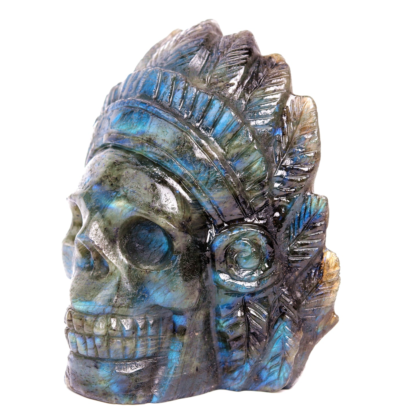 4.5" Labradorite Carved Crystal Indian Skull Sculpture Healing Quartz