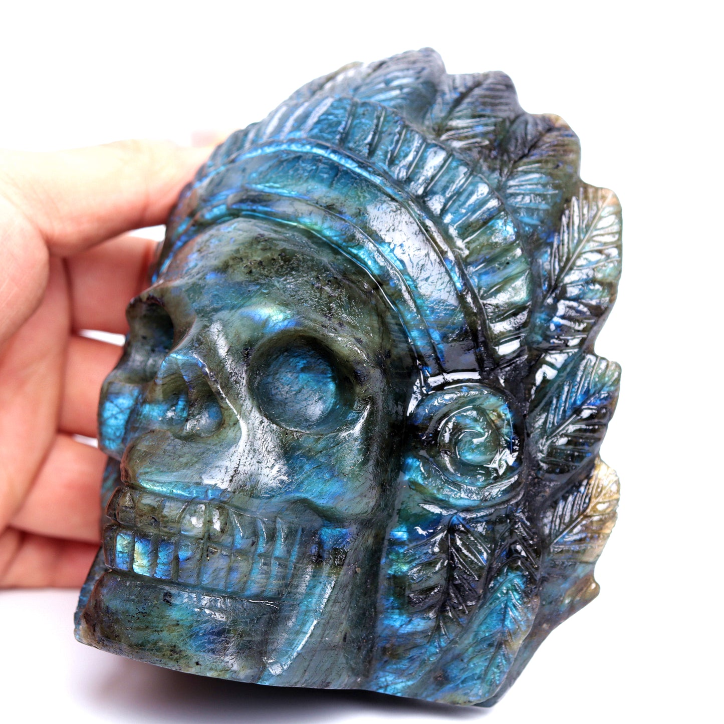 4.5" Labradorite Carved Crystal Indian Skull Sculpture Healing Quartz