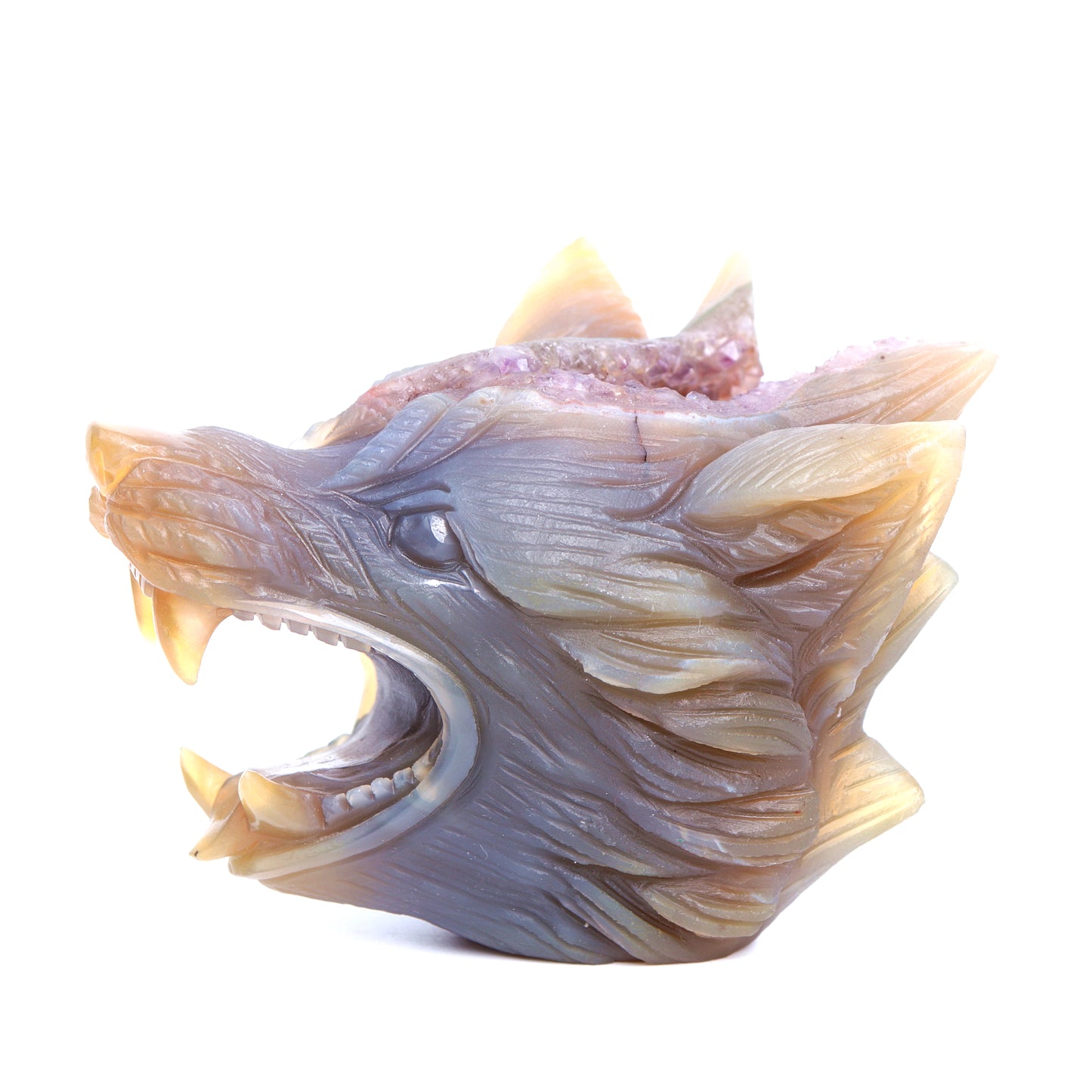 4" Amethyst Geode Agate Carved Crystal Wolf Head Figurine Realistic Healing Quartz