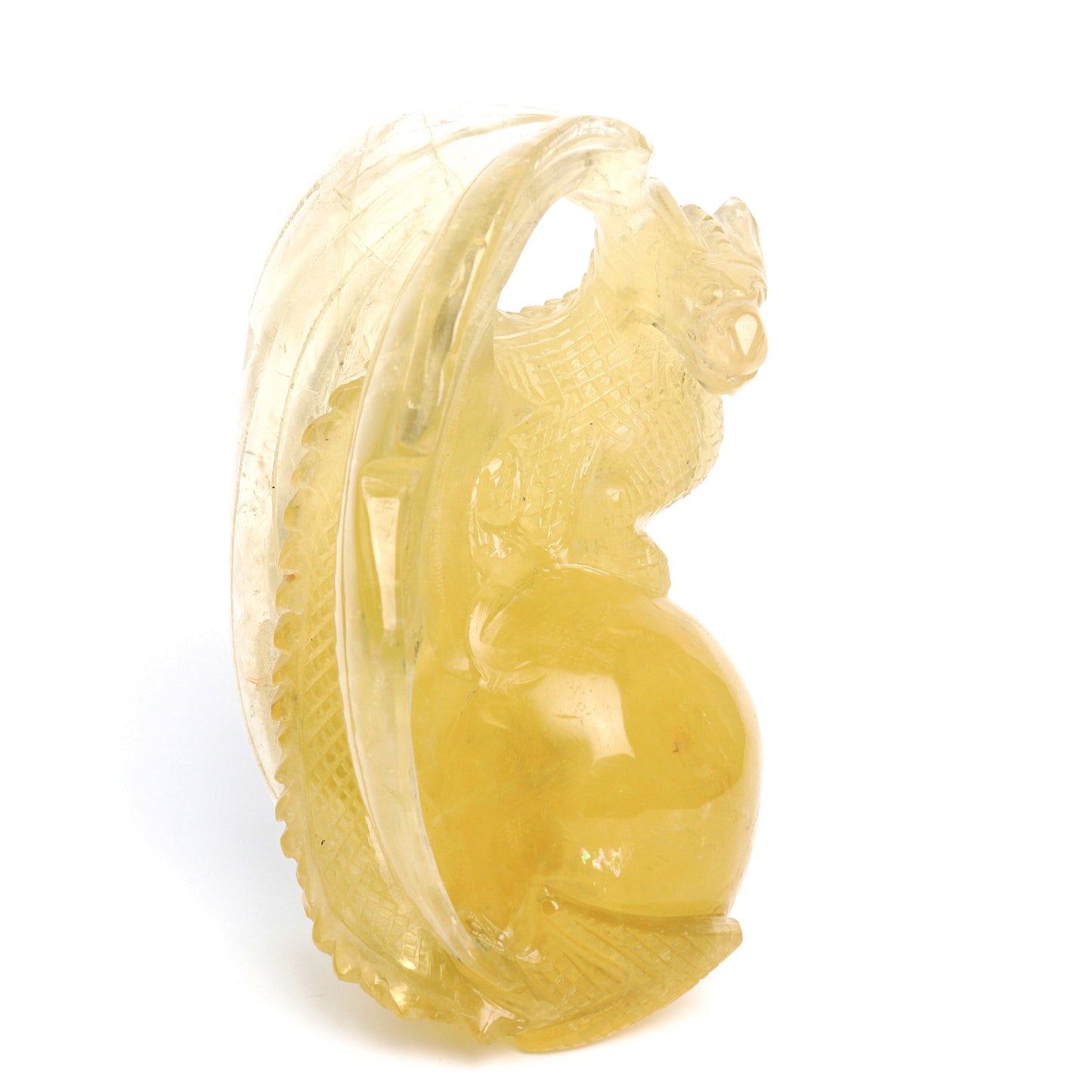 8" Citrine Carved Crystal Dragon Sphere Figurine Realistic Healing